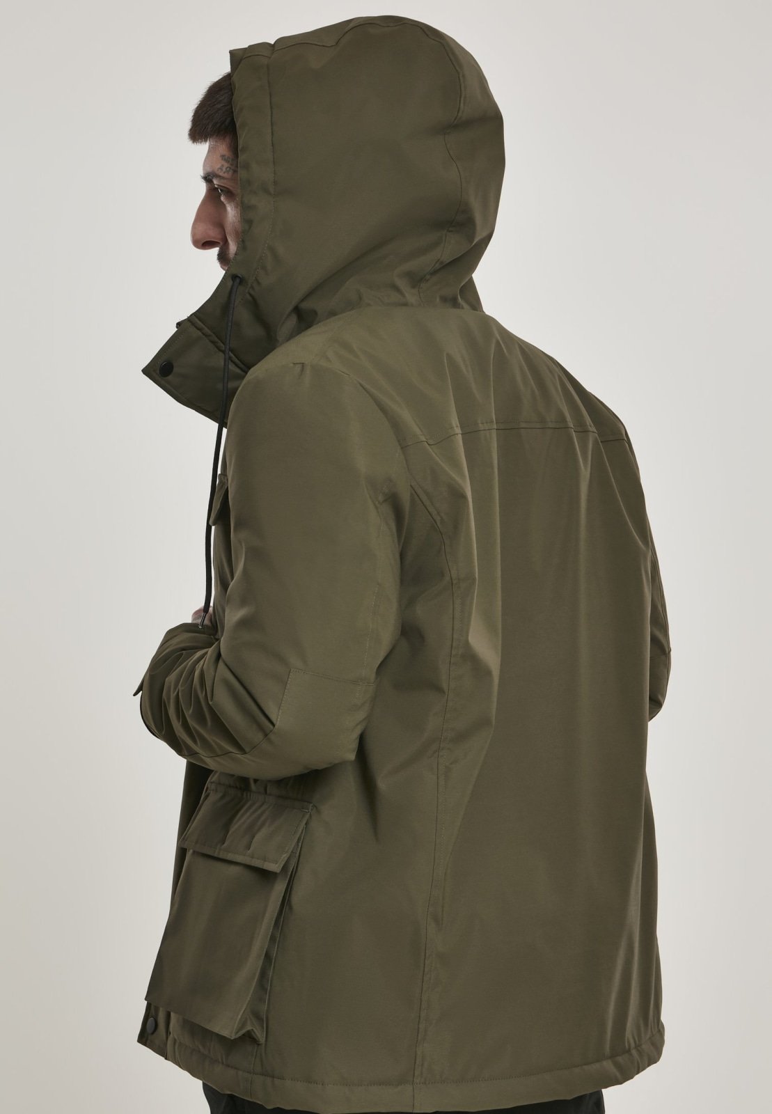 Authentic Hooded Field Jacket in Dark Olive featuring a Sherpa collar and multiple pockets, perfect for autumn and winter wear.