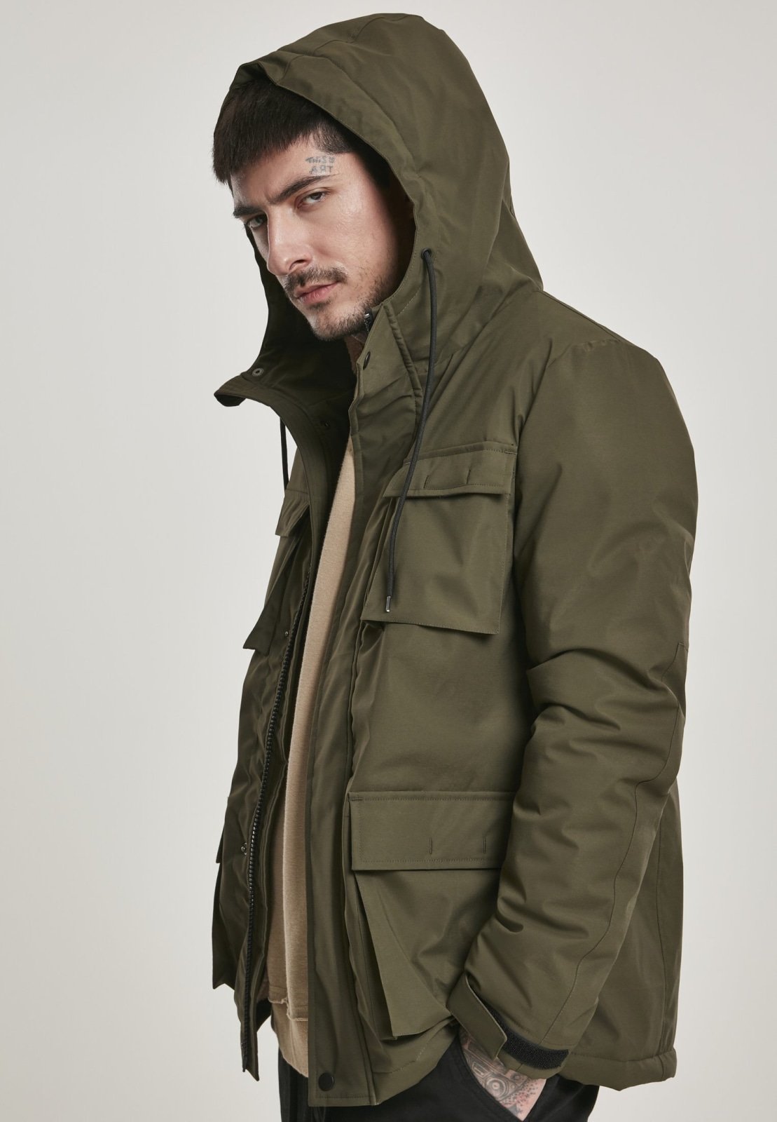 Authentic Hooded Field Jacket in Dark Olive featuring a Sherpa collar and multiple pockets, perfect for autumn and winter wear.