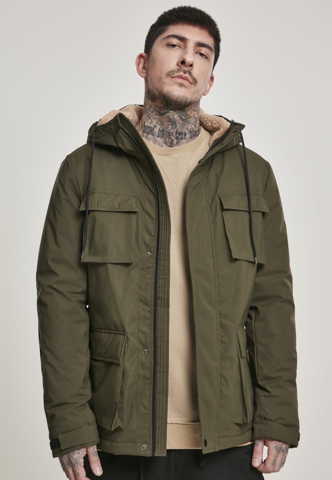 Authentic Hooded Field Jacket in Dark Olive featuring a Sherpa collar and multiple pockets, perfect for autumn and winter wear.