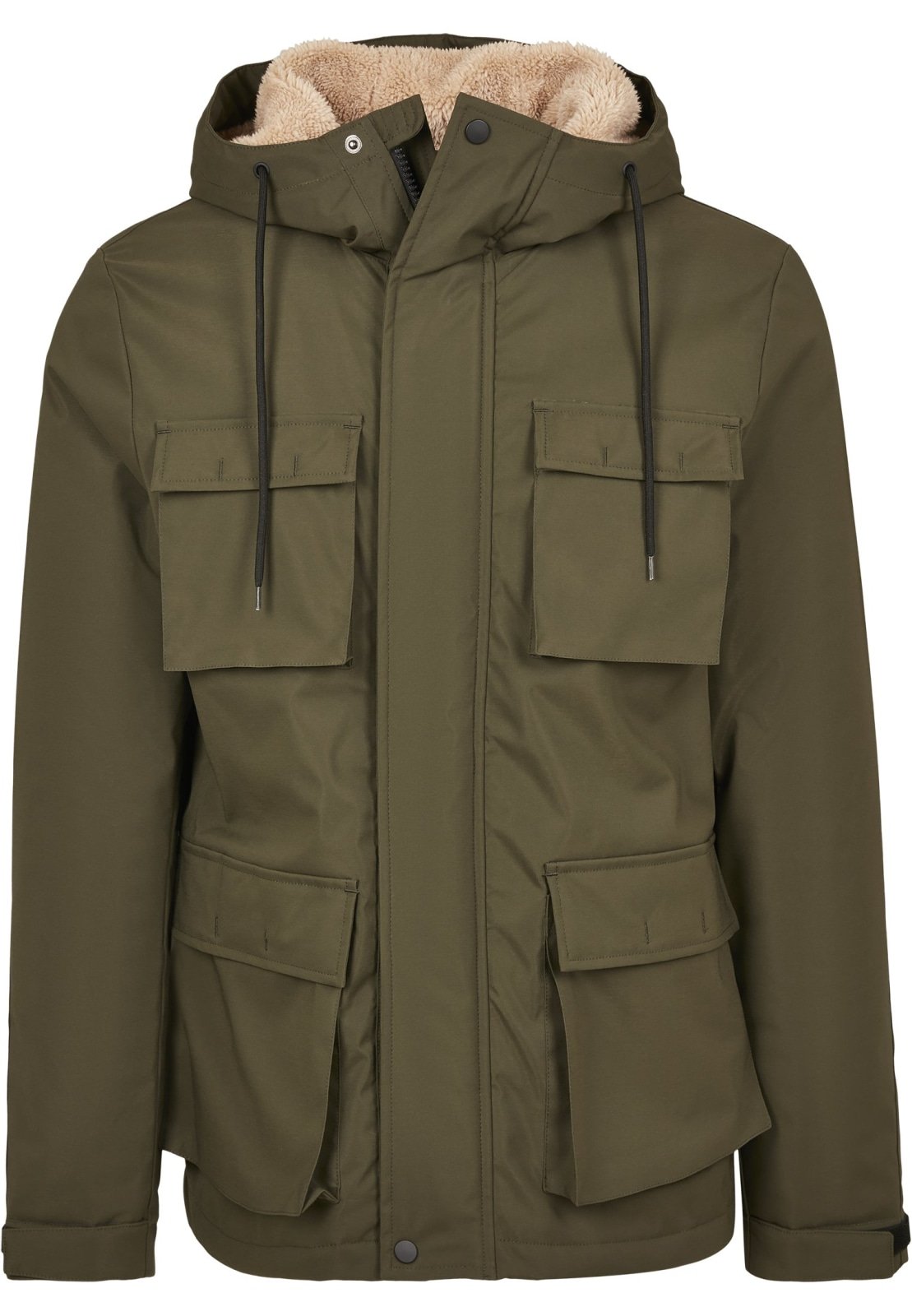 Authentic Hooded Field Jacket in Dark Olive featuring a Sherpa collar and multiple pockets, perfect for autumn and winter wear.
