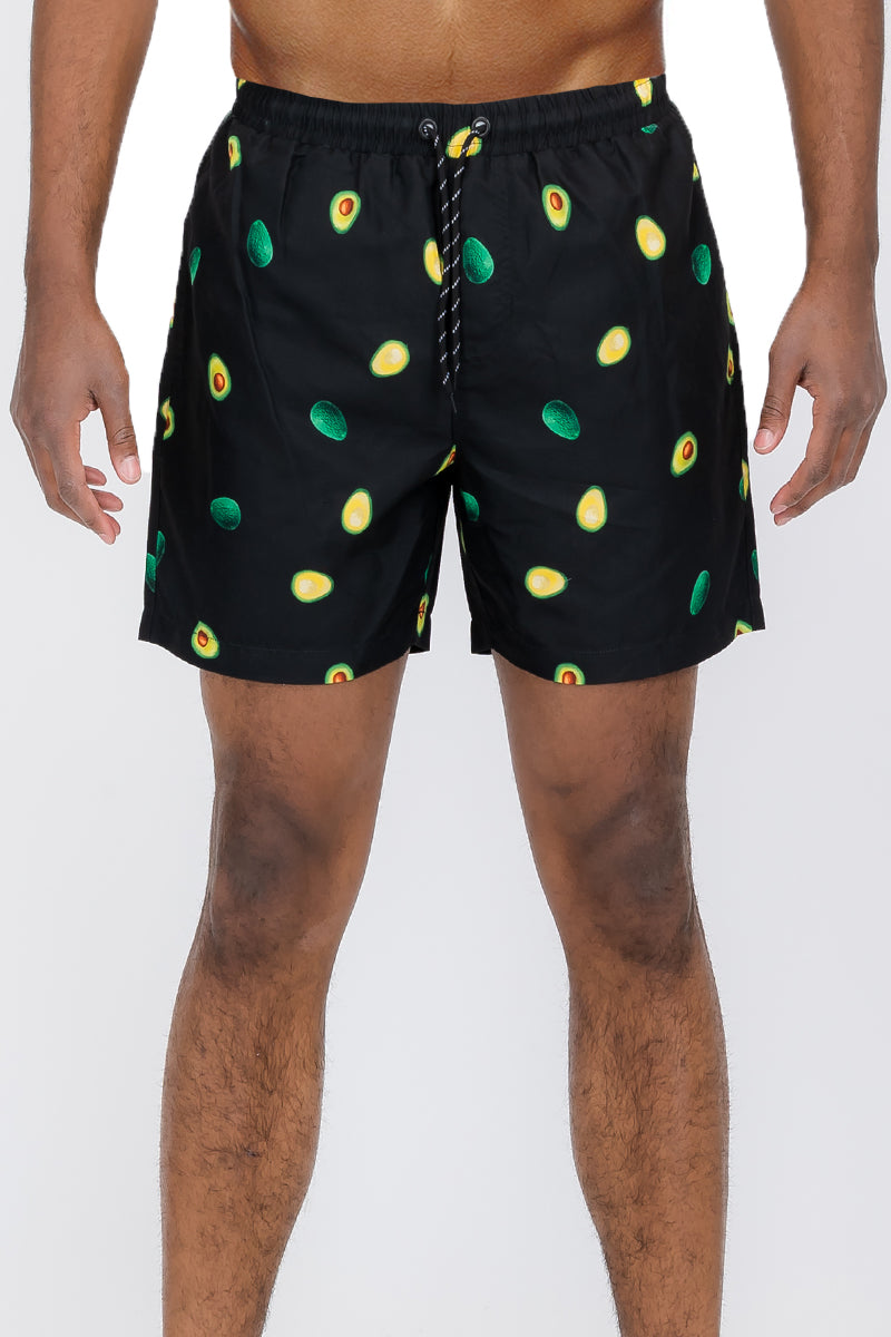 Avocado Print Swim Shorts featuring a vibrant avocado design, made from 100% polyester with mesh lining and pockets.
