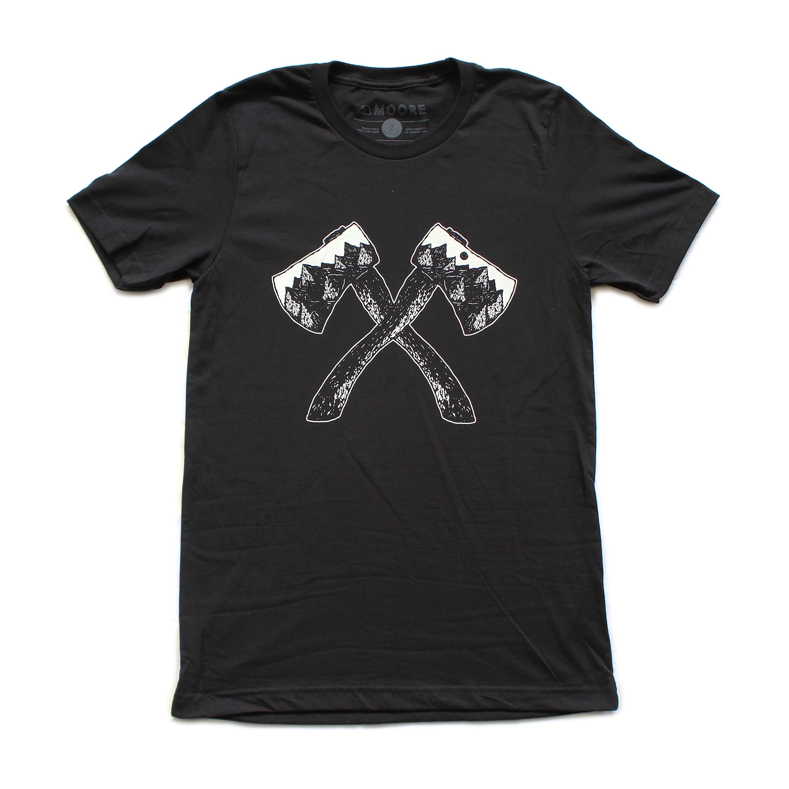 Axe Tee in black featuring a white screen print design, made from 100% ringspun cotton, displayed on a neutral background.