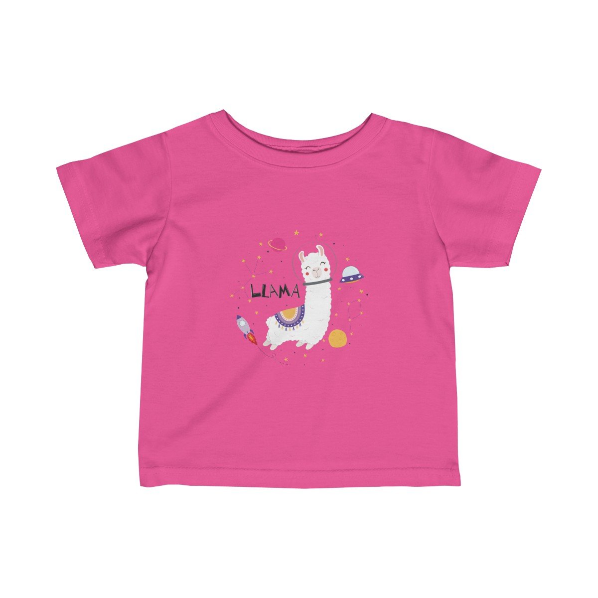 A cute infant girls tee featuring a baby llama in space, perfect for sensitive skin.