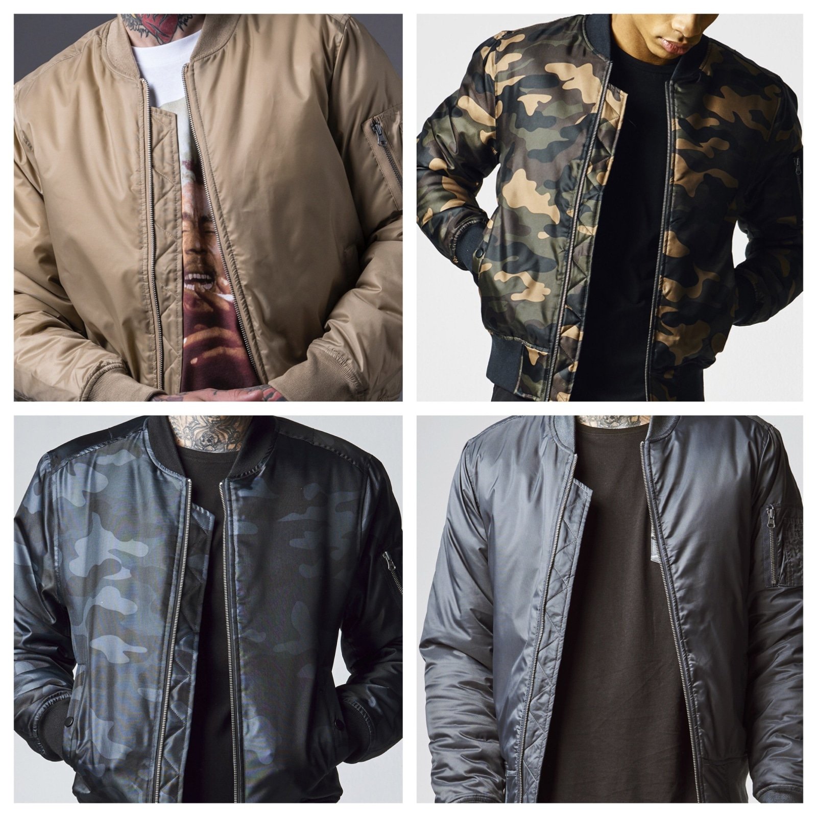 Basic Bomber Jacket featuring orange lining and zippered arm pocket, available in various colors.