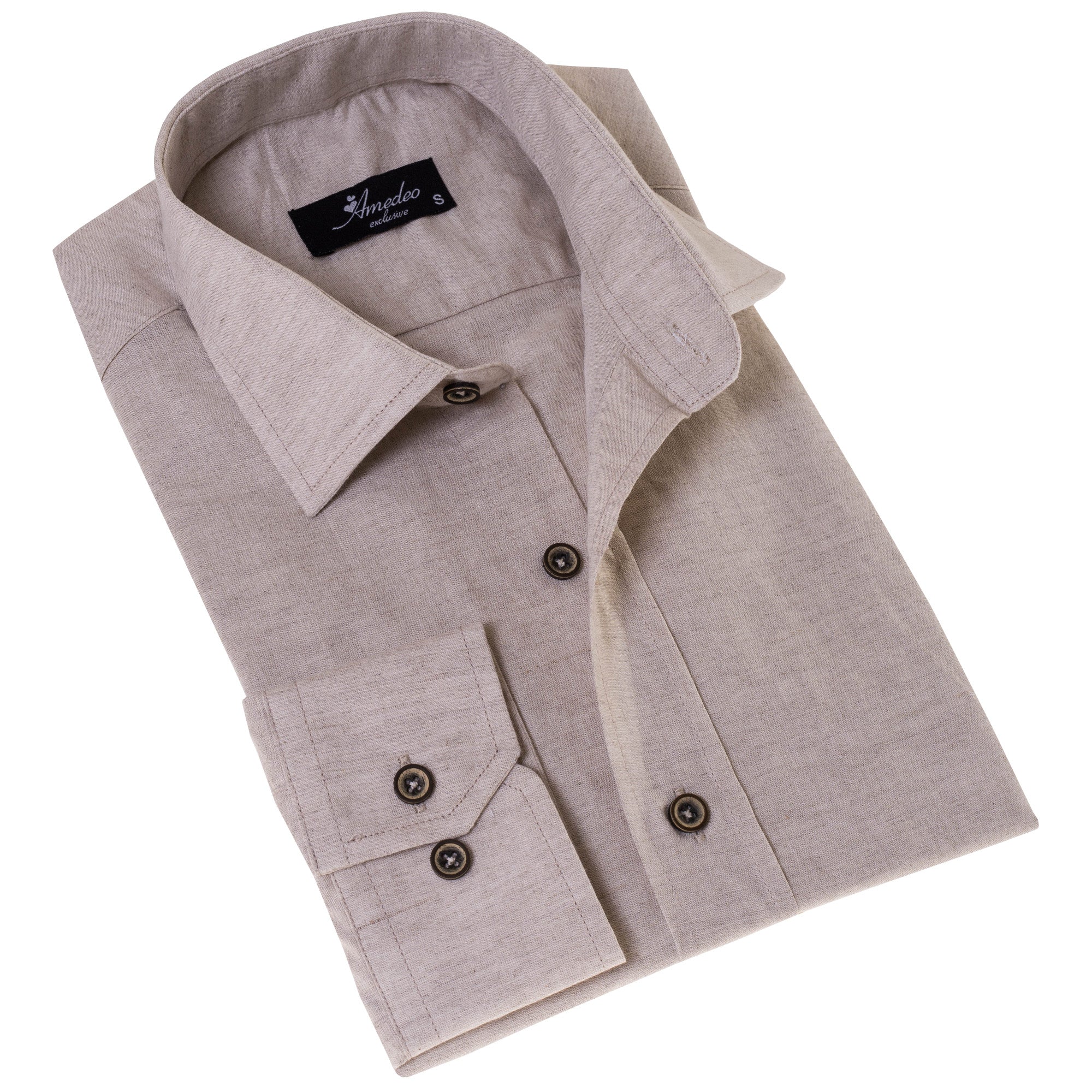 Beige Luxury Men's Tailor Fit Button Up Linen Shirt displayed on a hanger, showcasing its elegant design and soft texture.