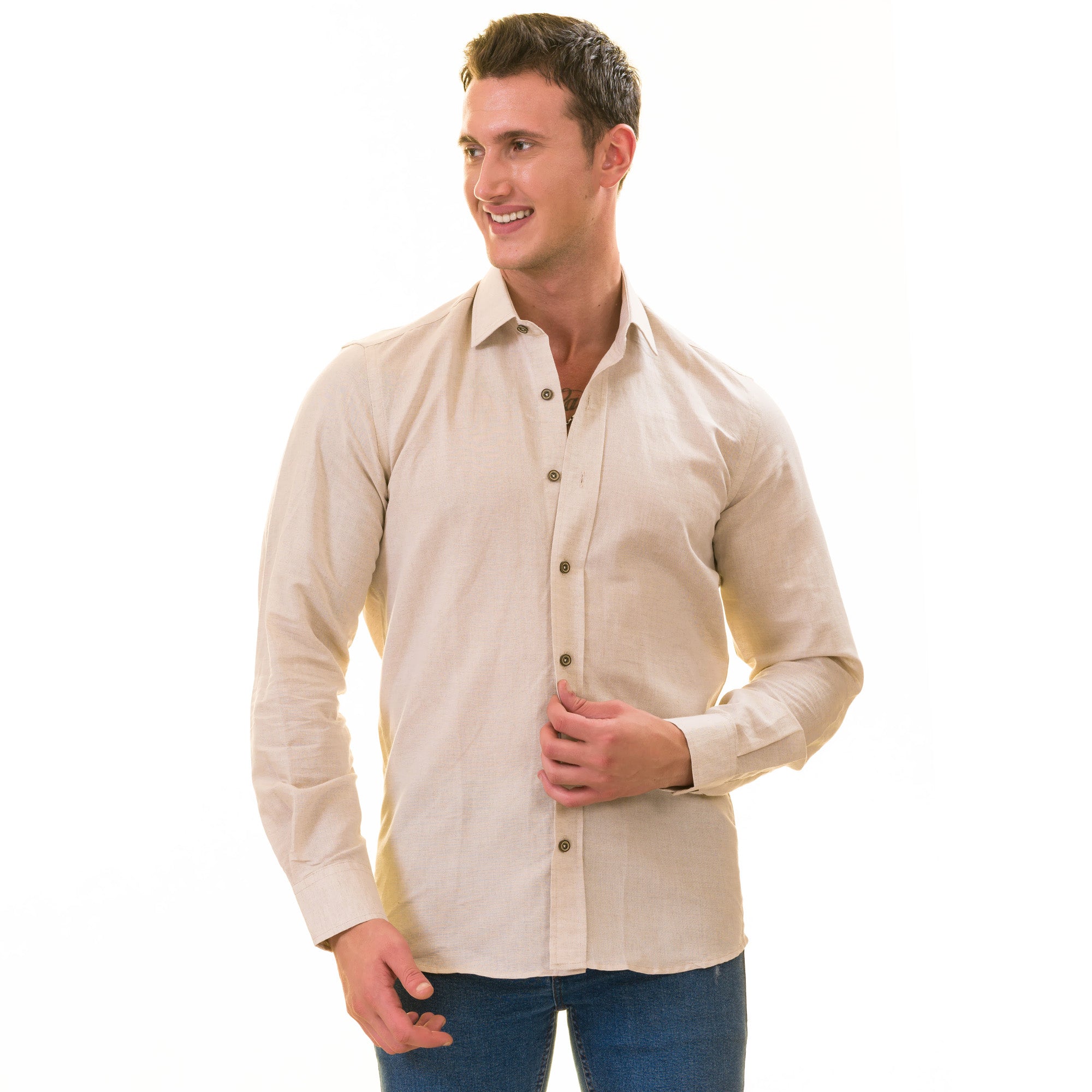 Beige Luxury Men's Tailor Fit Button Up Linen Shirt displayed on a hanger, showcasing its elegant design and soft texture.
