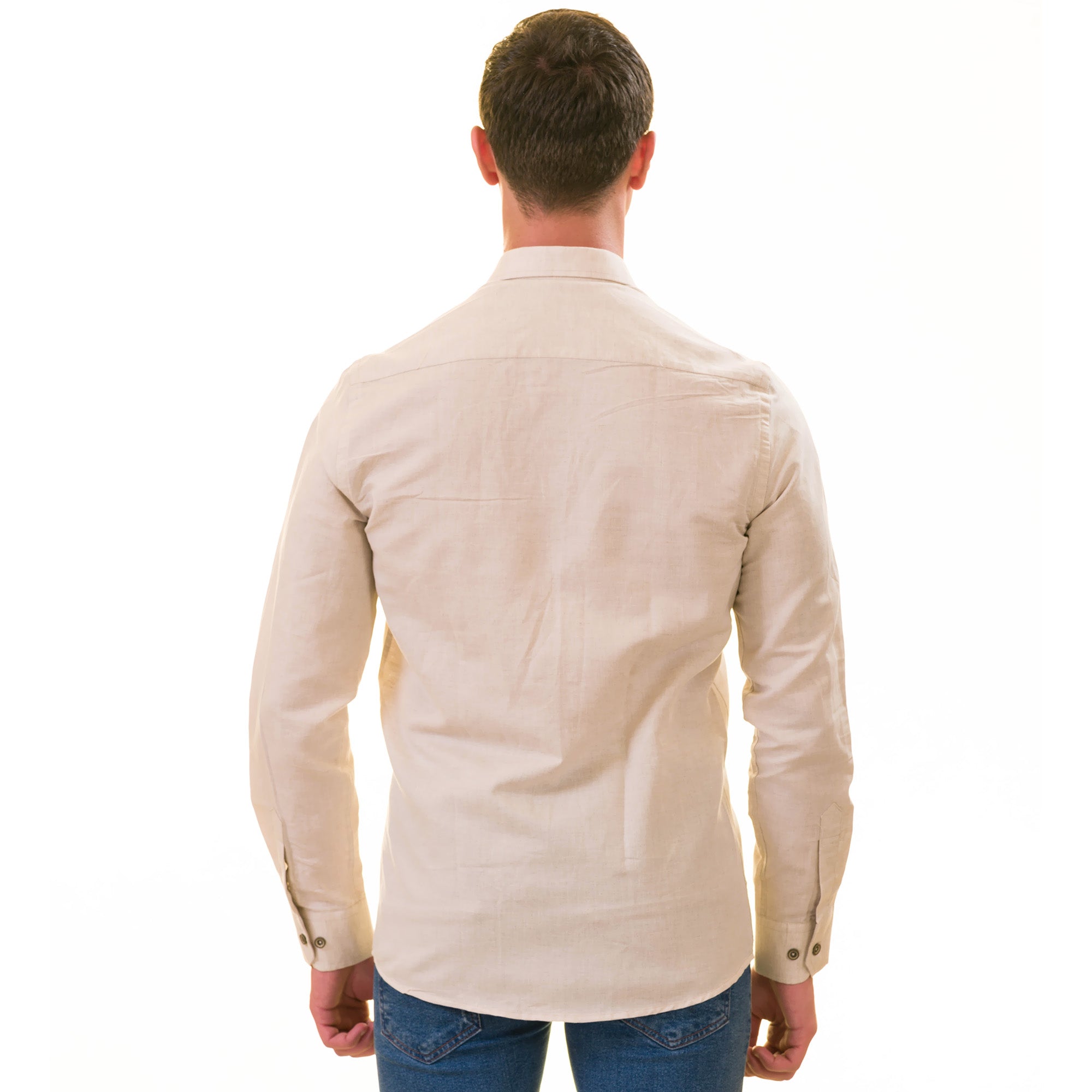 Beige Luxury Men's Tailor Fit Button Up Linen Shirt displayed on a hanger, showcasing its elegant design and soft texture.
