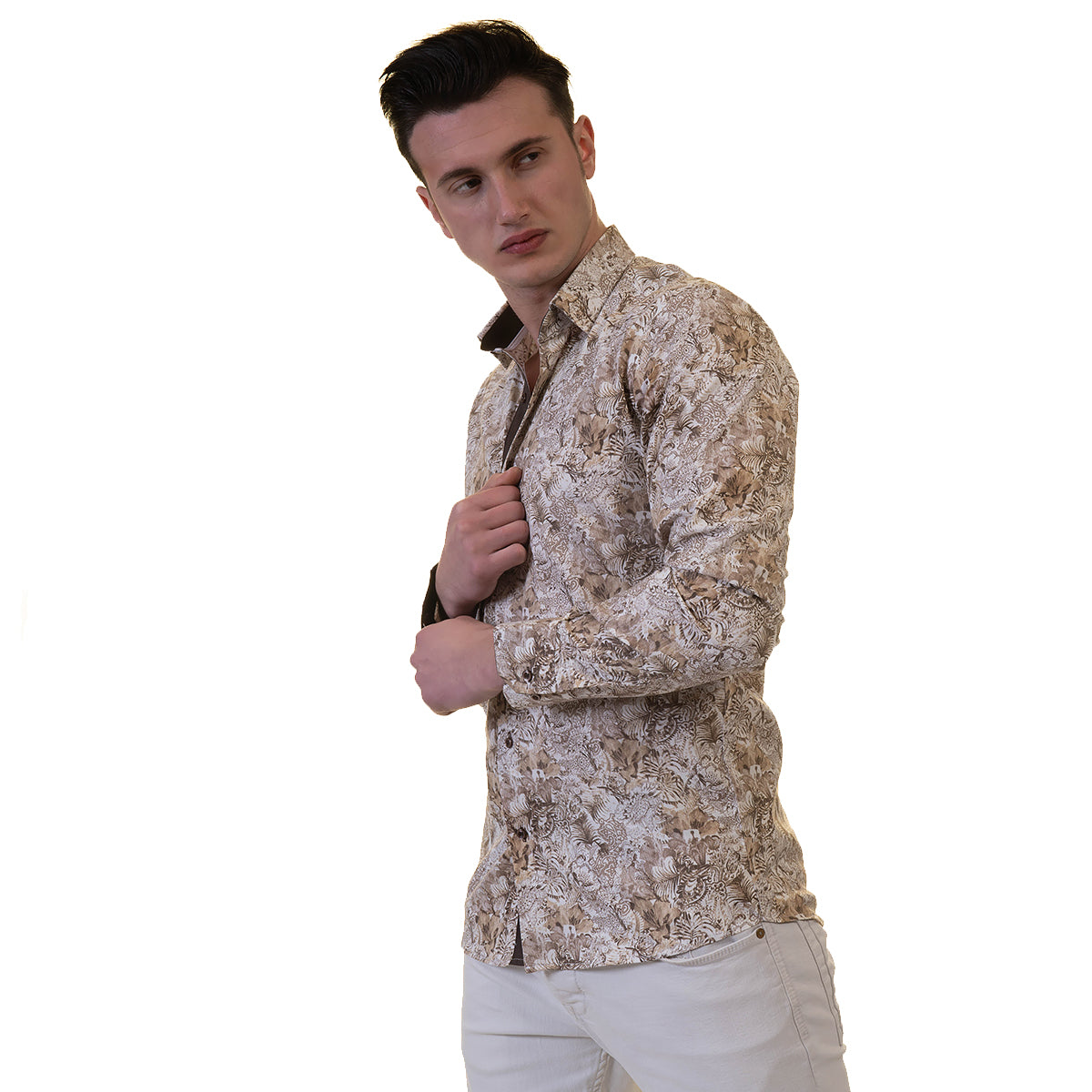 Beige Men's Slim Fit Designer Dress Shirt made from luxury cotton, featuring a spread collar and designer cuff, perfect for formal and casual occasions.