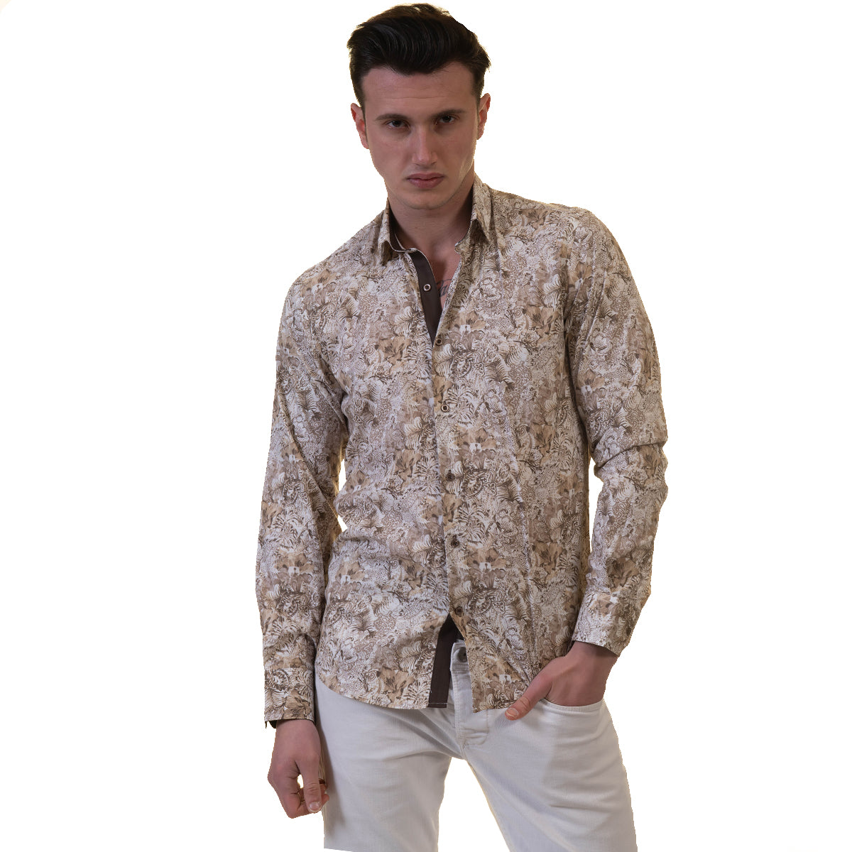 Beige Men's Slim Fit Designer Dress Shirt made from luxury cotton, featuring a spread collar and designer cuff, perfect for formal and casual occasions.