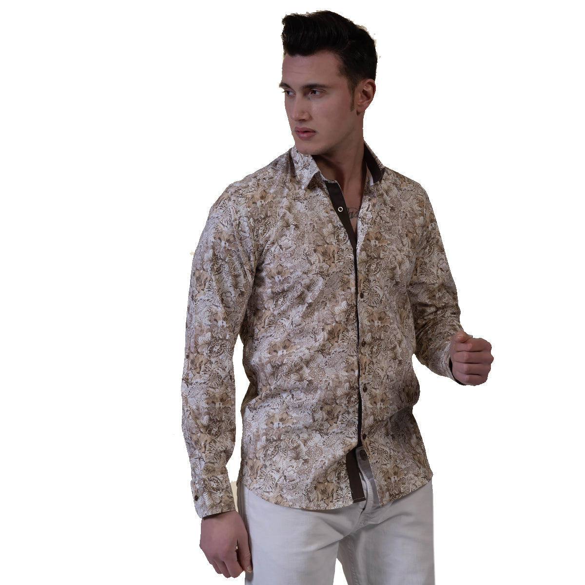 Beige Men's Slim Fit Designer Dress Shirt made from luxury cotton, featuring a spread collar and designer cuff, perfect for formal and casual occasions.