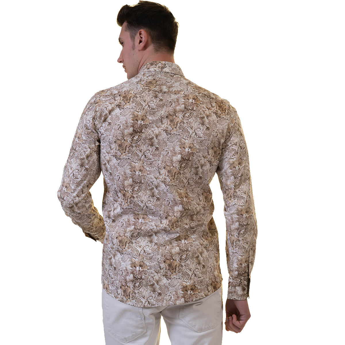 Beige Men's Slim Fit Designer Dress Shirt made from luxury cotton, featuring a spread collar and designer cuff, perfect for formal and casual occasions.