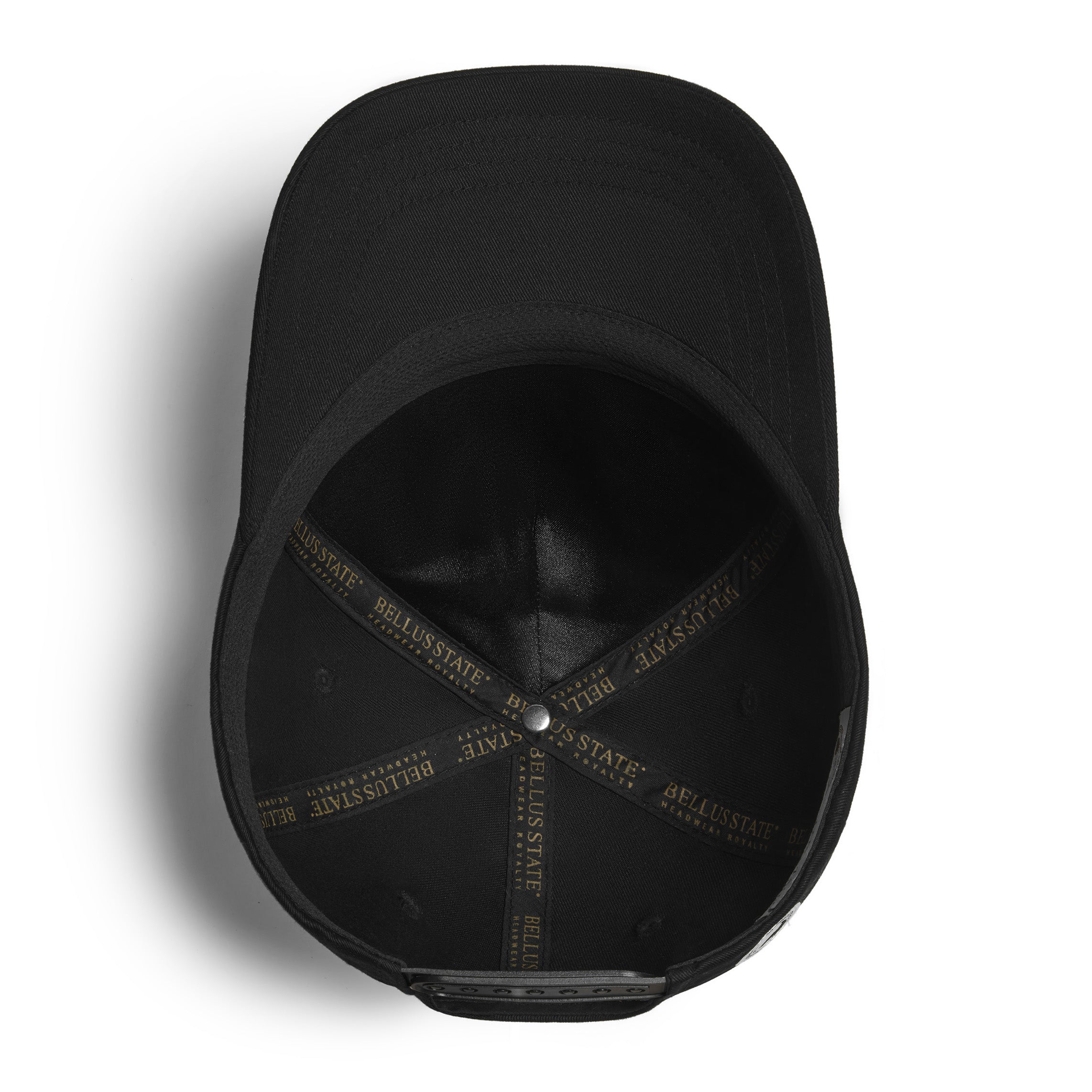 Bellusstate Motif Cotton Twill Snapback Baseball Cap in Black with 3D logo embroidery and ventilating grommets.