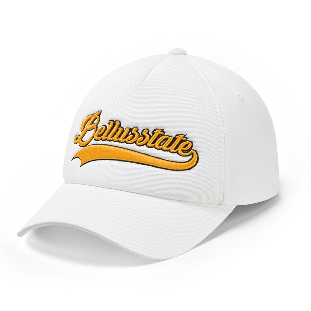 Bellusstate Motif Cotton Twill Snapback Baseball Cap in Black with 3D logo embroidery and ventilating grommets.