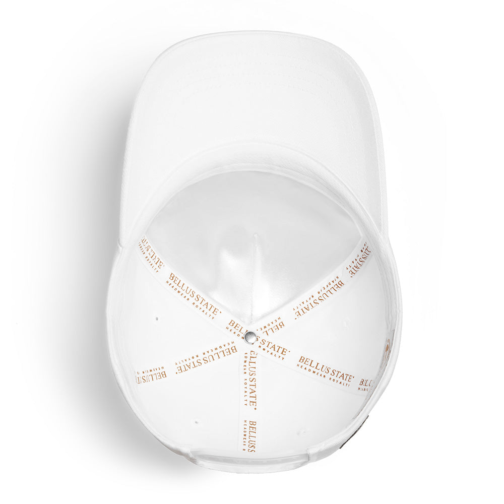 Bellusstate Motif Cotton Twill Snapback Baseball Cap in Black with 3D logo embroidery and ventilating grommets.