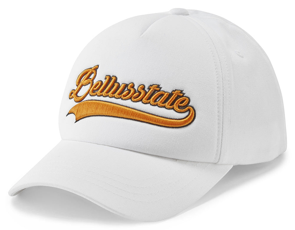 Bellusstate Motif Cotton Twill Snapback Baseball Cap in white with 3D logo embroidery and adjustable snapback closure.