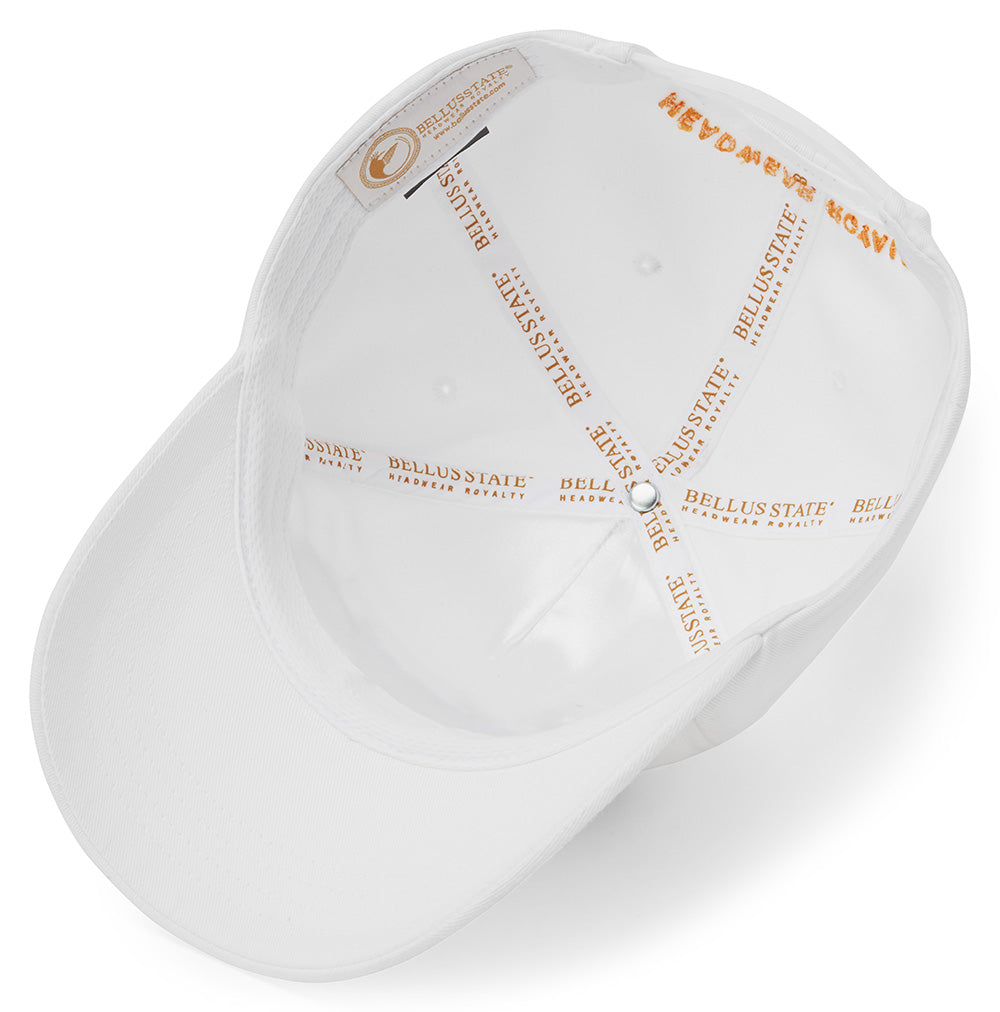Bellusstate Motif Cotton Twill Snapback Baseball Cap in white with 3D logo embroidery and adjustable snapback closure.
