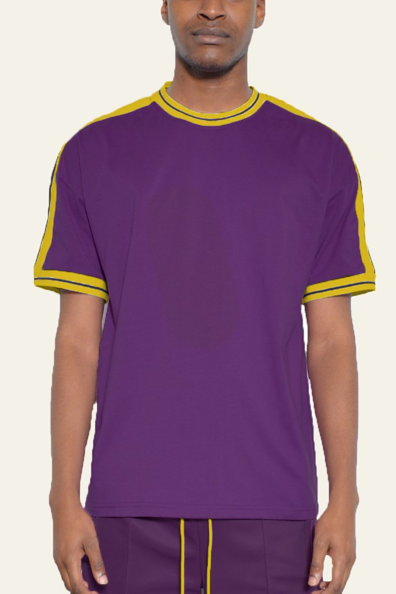 BESO Striped T-shirt featuring a round neck, striped tape collar, and sleeve detail, made from 100% cotton.