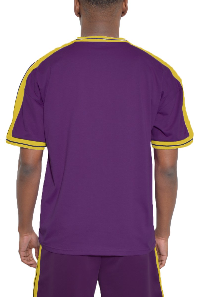 BESO Striped T-shirt featuring a round neck, striped tape collar, and sleeve detail, made from 100% cotton.