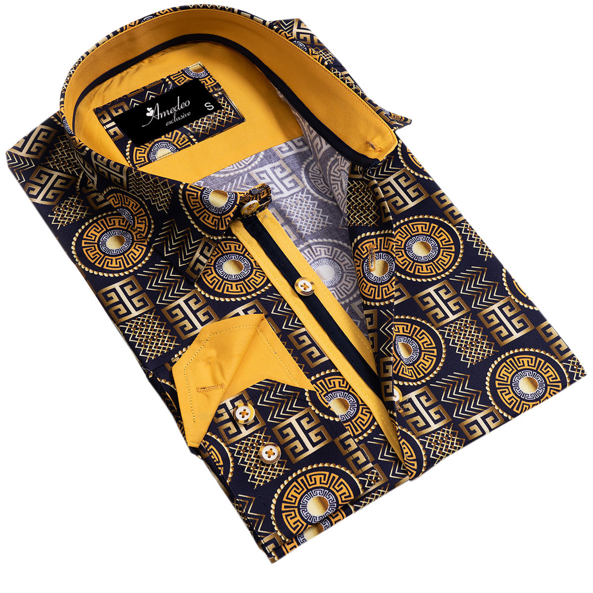 Black and Gold Greek Key Men's Slim Fit Designer Dress Shirt featuring a spread collar and designer cuff, made from luxury European cotton.
