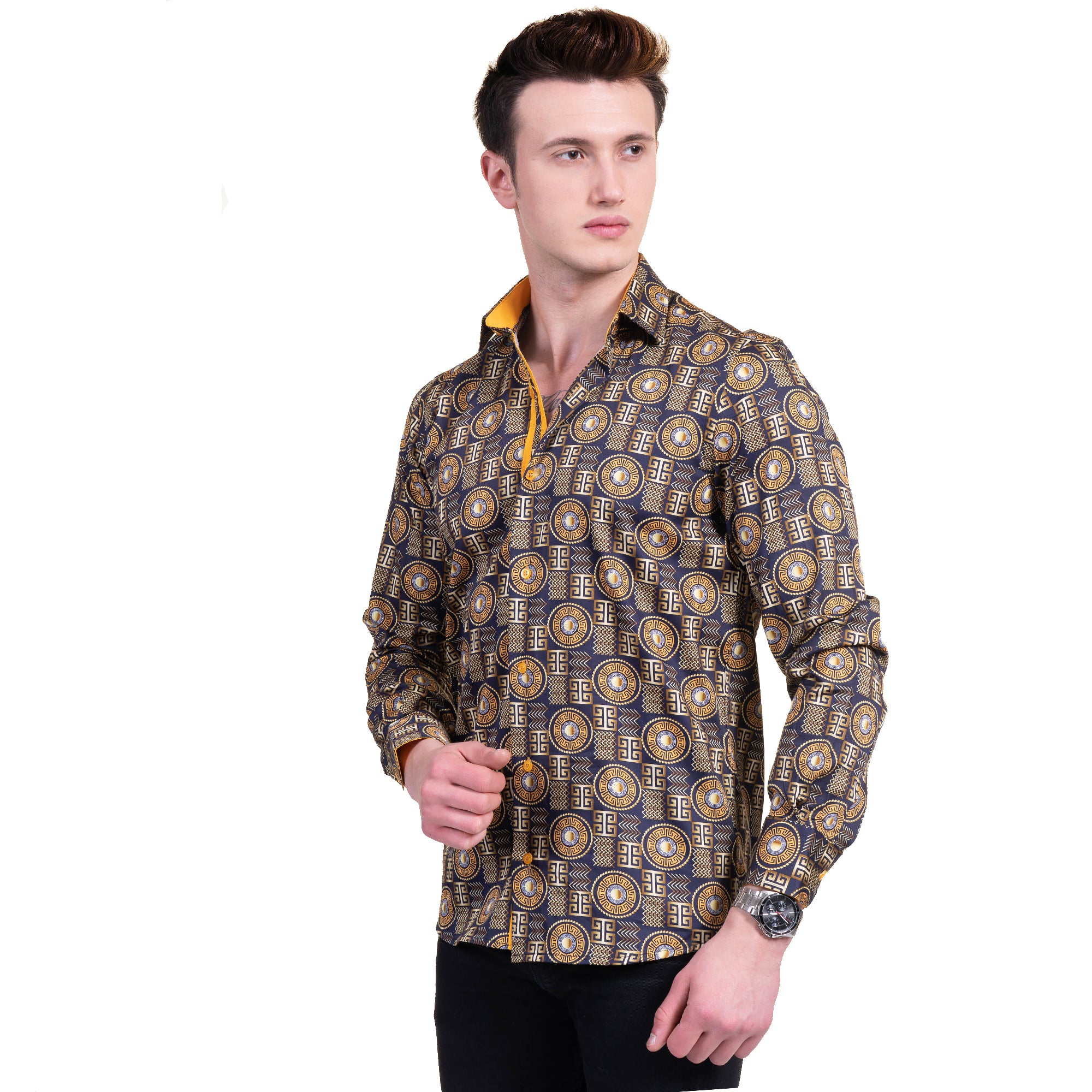 Black and Gold Greek Key Men's Slim Fit Designer Dress Shirt featuring a spread collar and designer cuff, made from luxury European cotton.