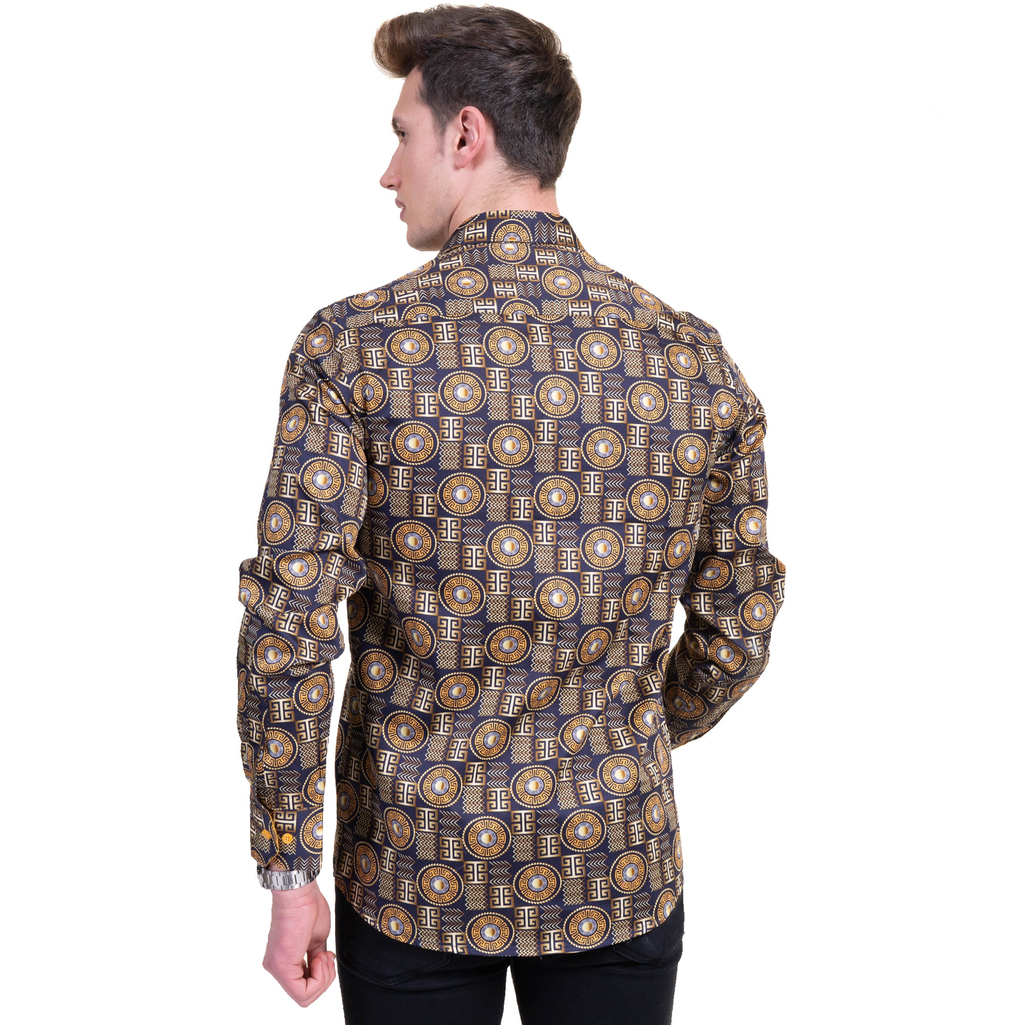 Black and Gold Greek Key Men's Slim Fit Designer Dress Shirt featuring a spread collar and designer cuff, made from luxury European cotton.