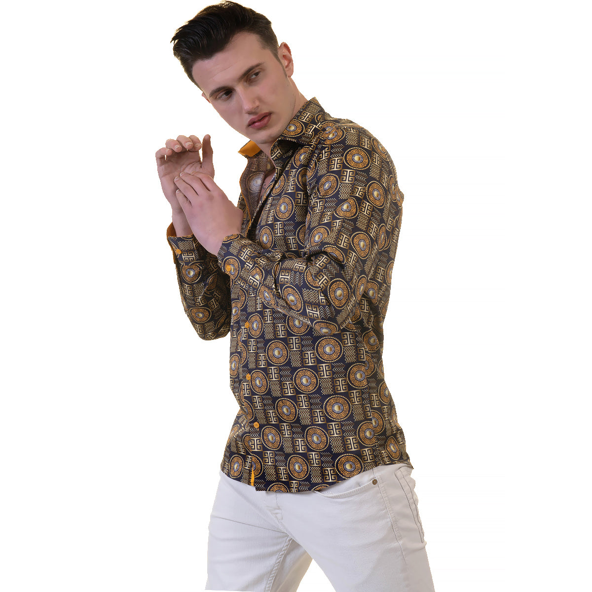 Black and Gold Greek Key Men's Slim Fit Designer Dress Shirt featuring a spread collar and designer cuff, made from luxury European cotton.
