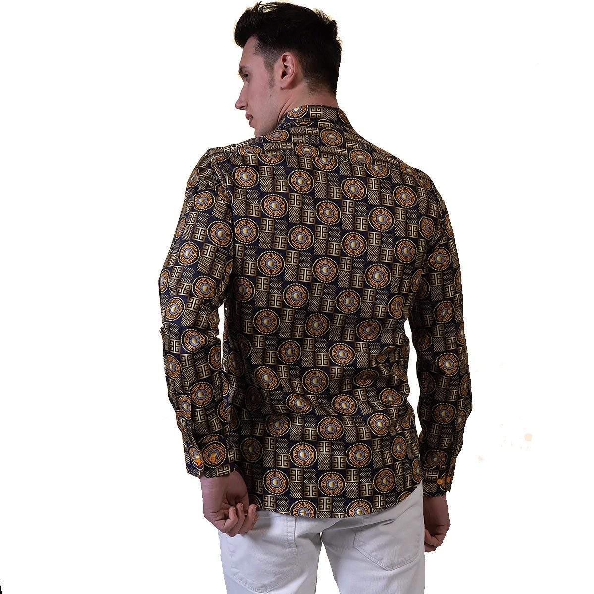 Black and Gold Greek Key Men's Slim Fit Designer Dress Shirt featuring a spread collar and designer cuff, made from luxury European cotton.