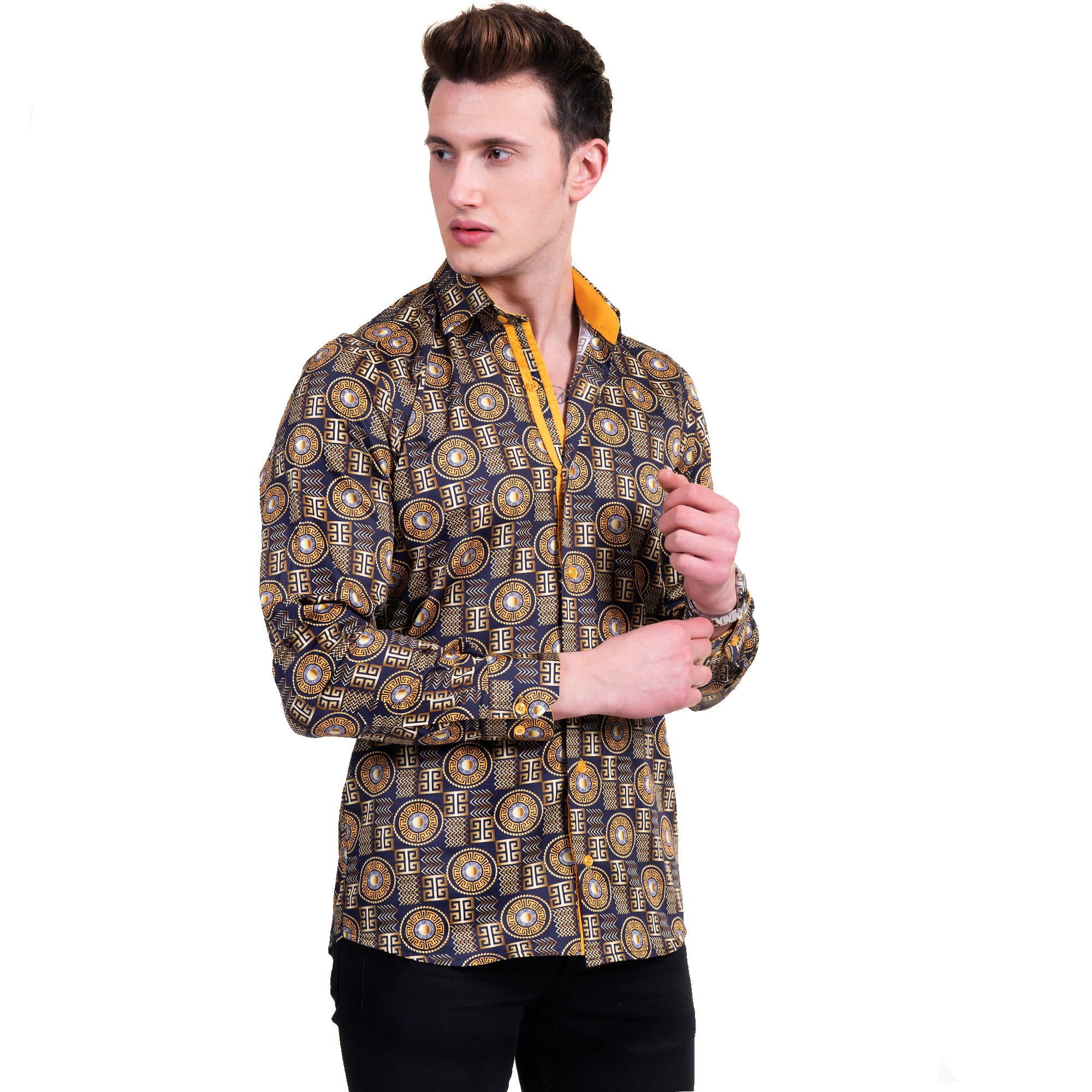 Black and Gold Greek Key Men's Slim Fit Designer Dress Shirt featuring a spread collar and designer cuff, made from luxury European cotton.