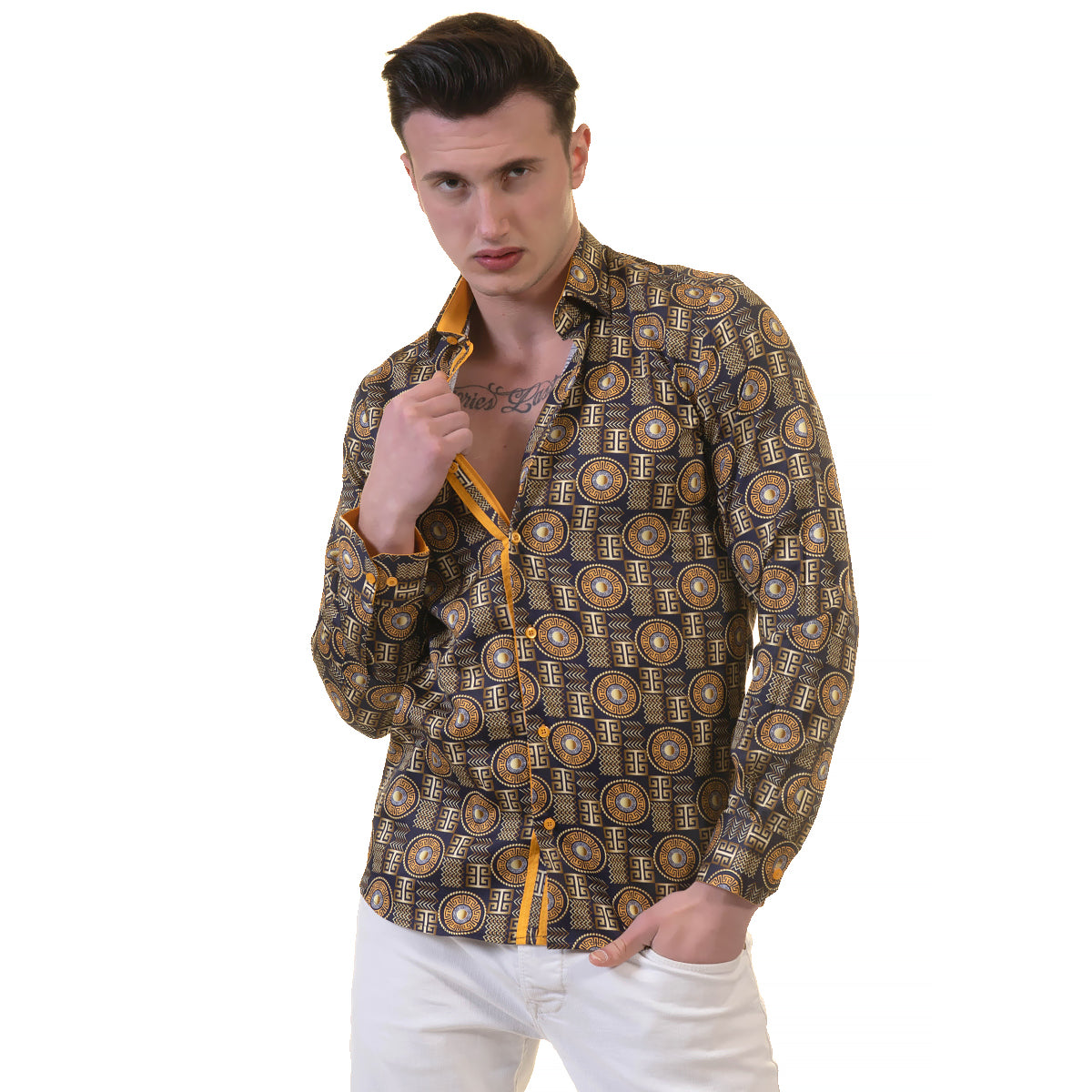 Black and Gold Greek Key Men's Slim Fit Designer Dress Shirt featuring a spread collar and designer cuff, made from luxury European cotton.