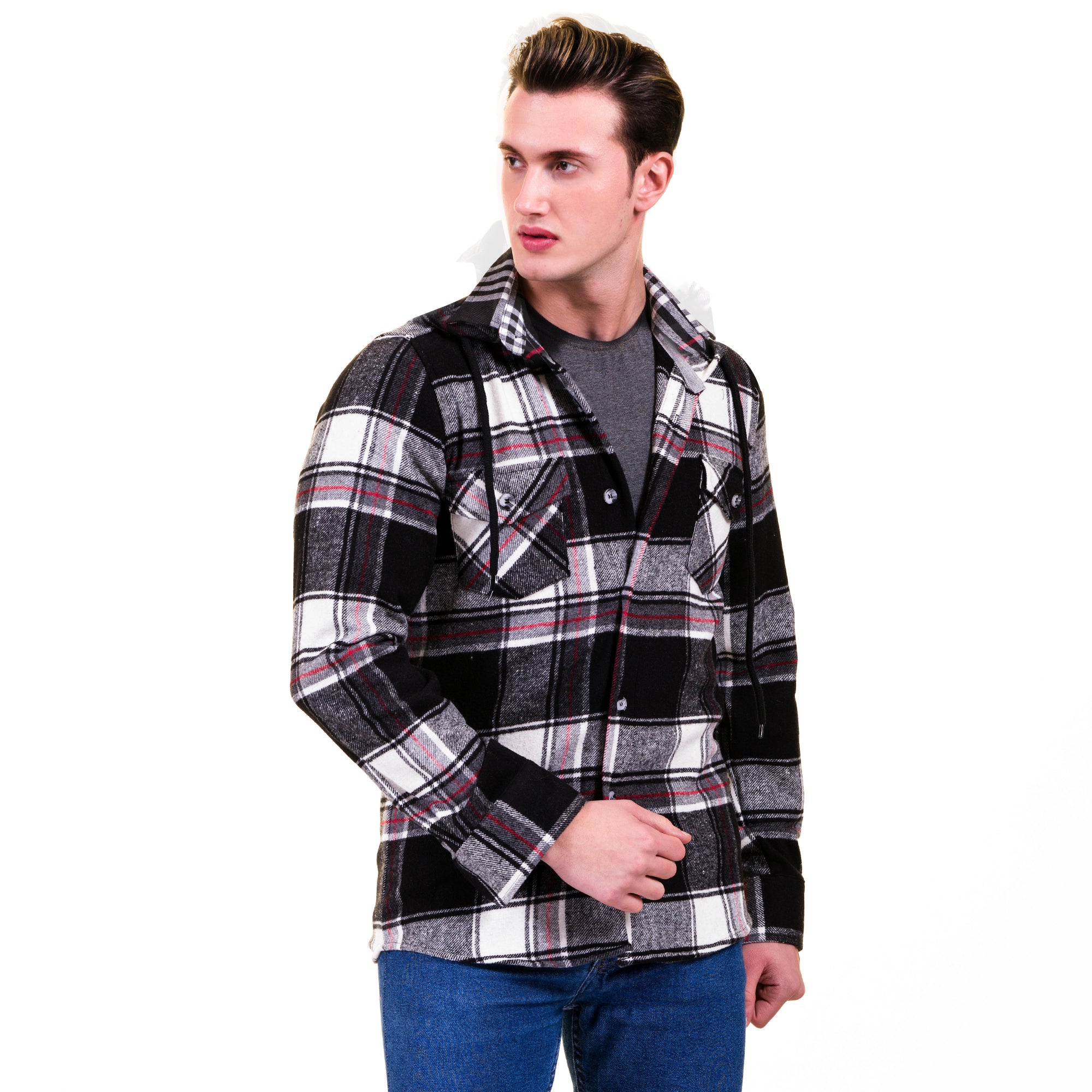 Black and white check mens slim fit designer dress shirt, showcasing a tailored fit and luxurious European cotton fabric.