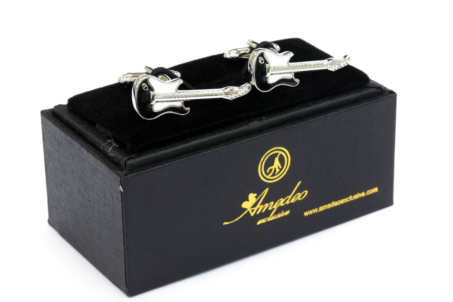 Black and White Guitars Mens Stainless Steel Square Cufflinks displayed elegantly in a gift box, showcasing their unique design and polished finish.