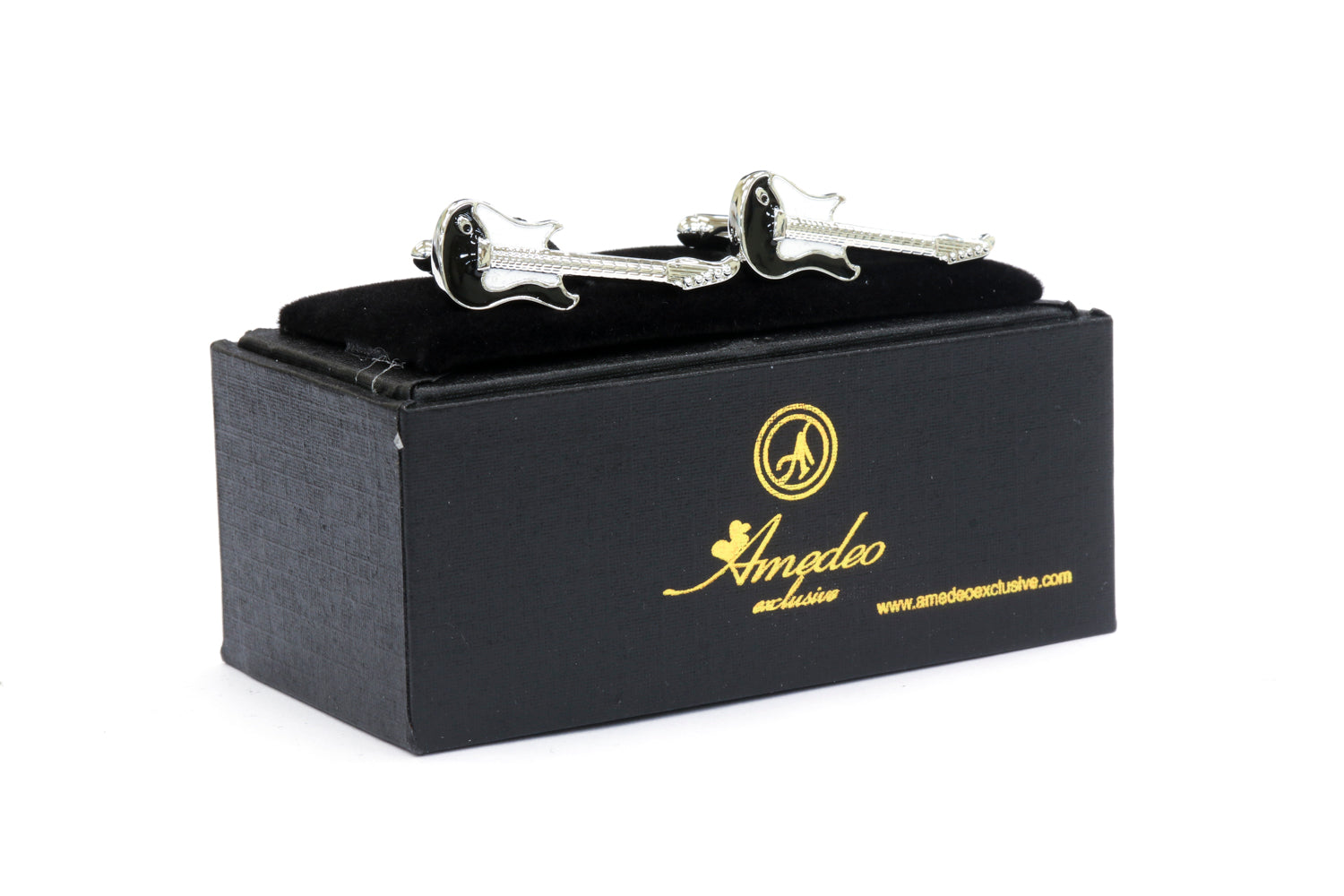 Black and White Guitars Mens Stainless Steel Square Cufflinks displayed elegantly in a gift box, showcasing their unique design and polished finish.