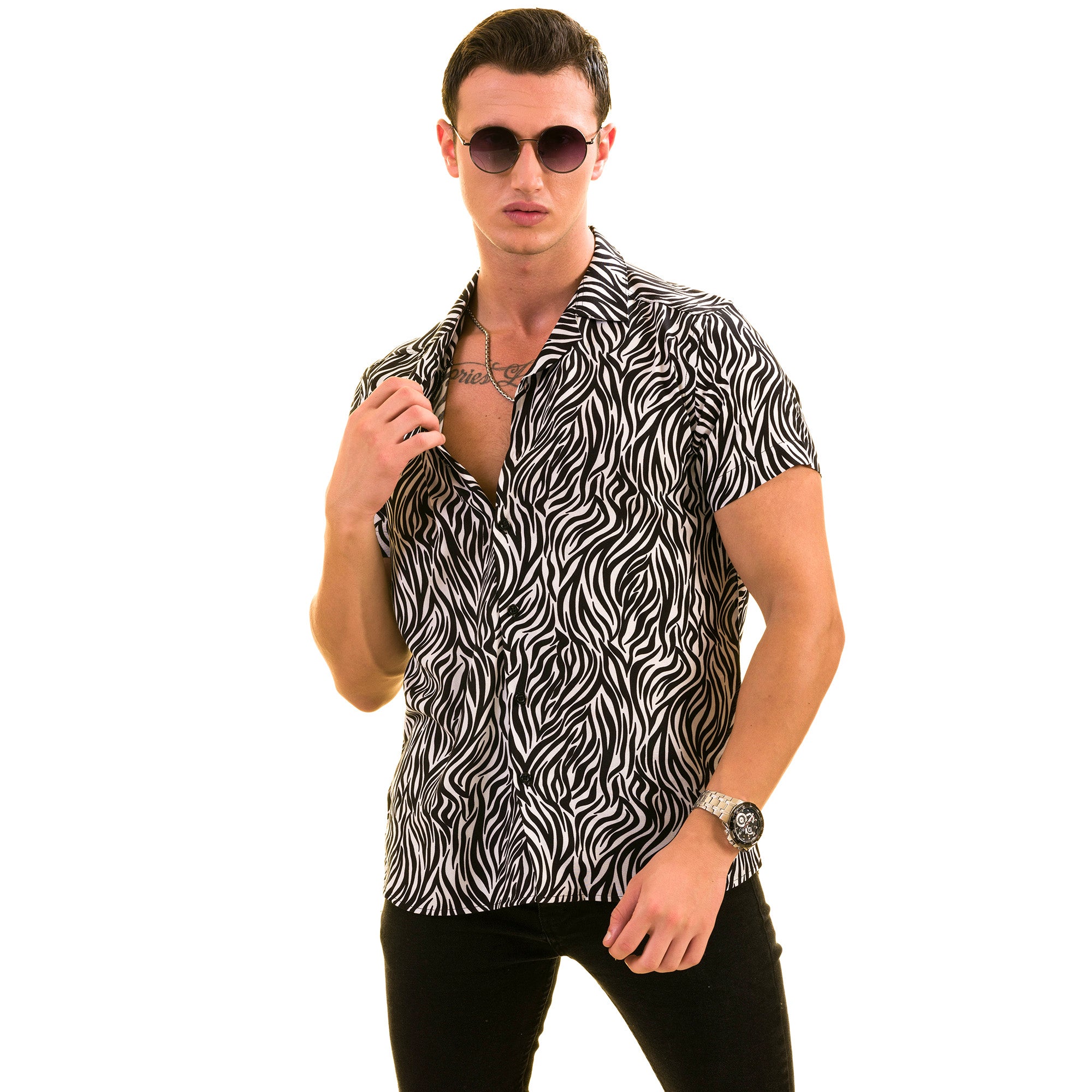 Black and White Zebra Hawaiian Summer Shirt made from luxury European cotton, featuring a stylish design and short sleeves.