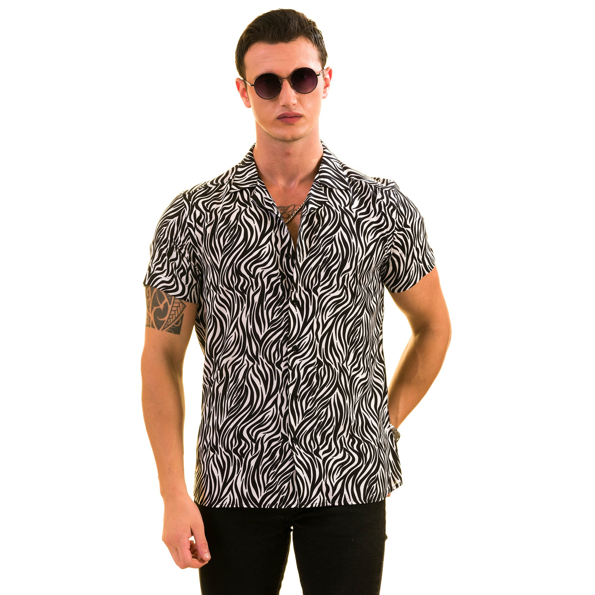 Black and White Zebra Hawaiian Summer Shirt made from luxury European cotton, featuring a stylish design and short sleeves.