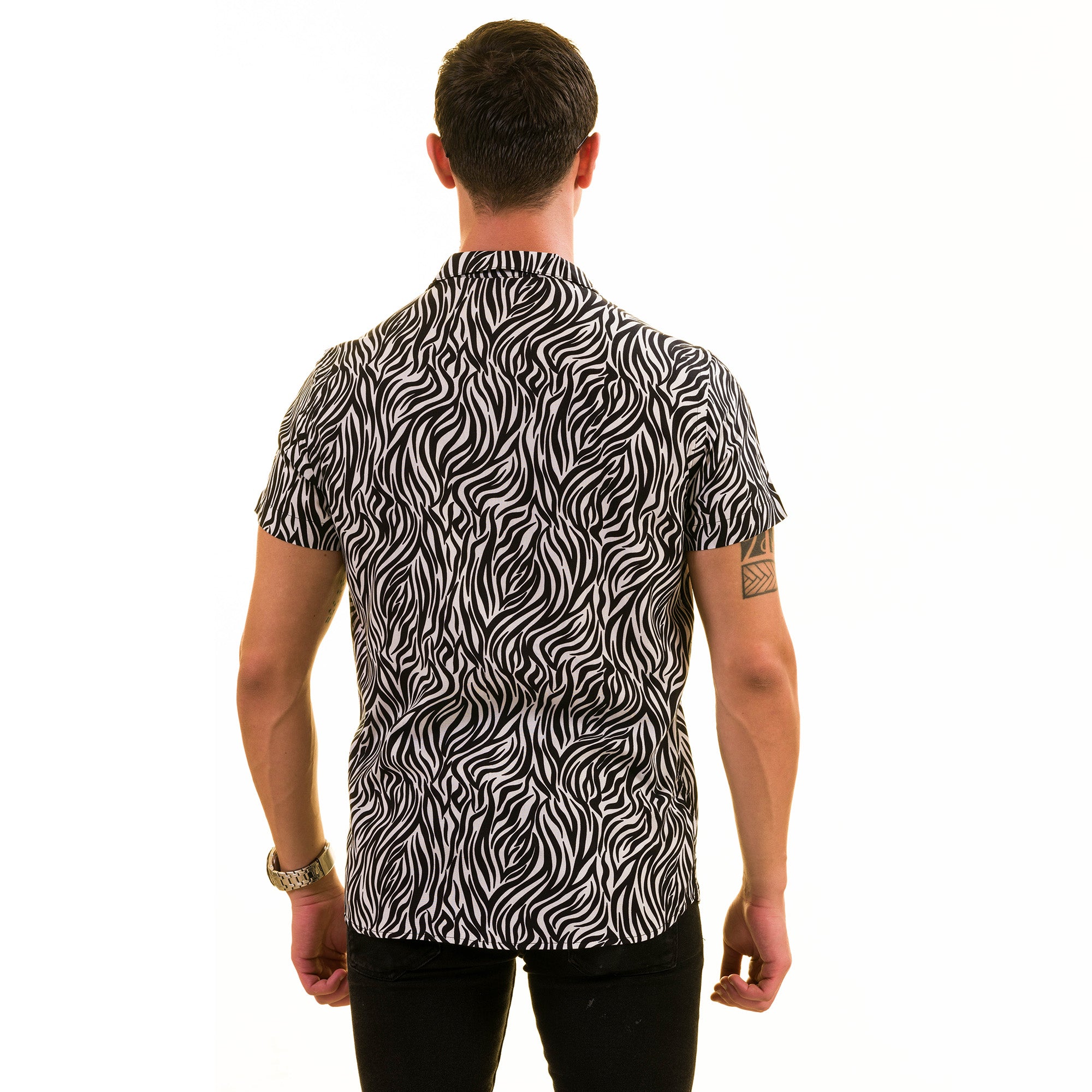 Black and White Zebra Hawaiian Summer Shirt made from luxury European cotton, featuring a stylish design and short sleeves.