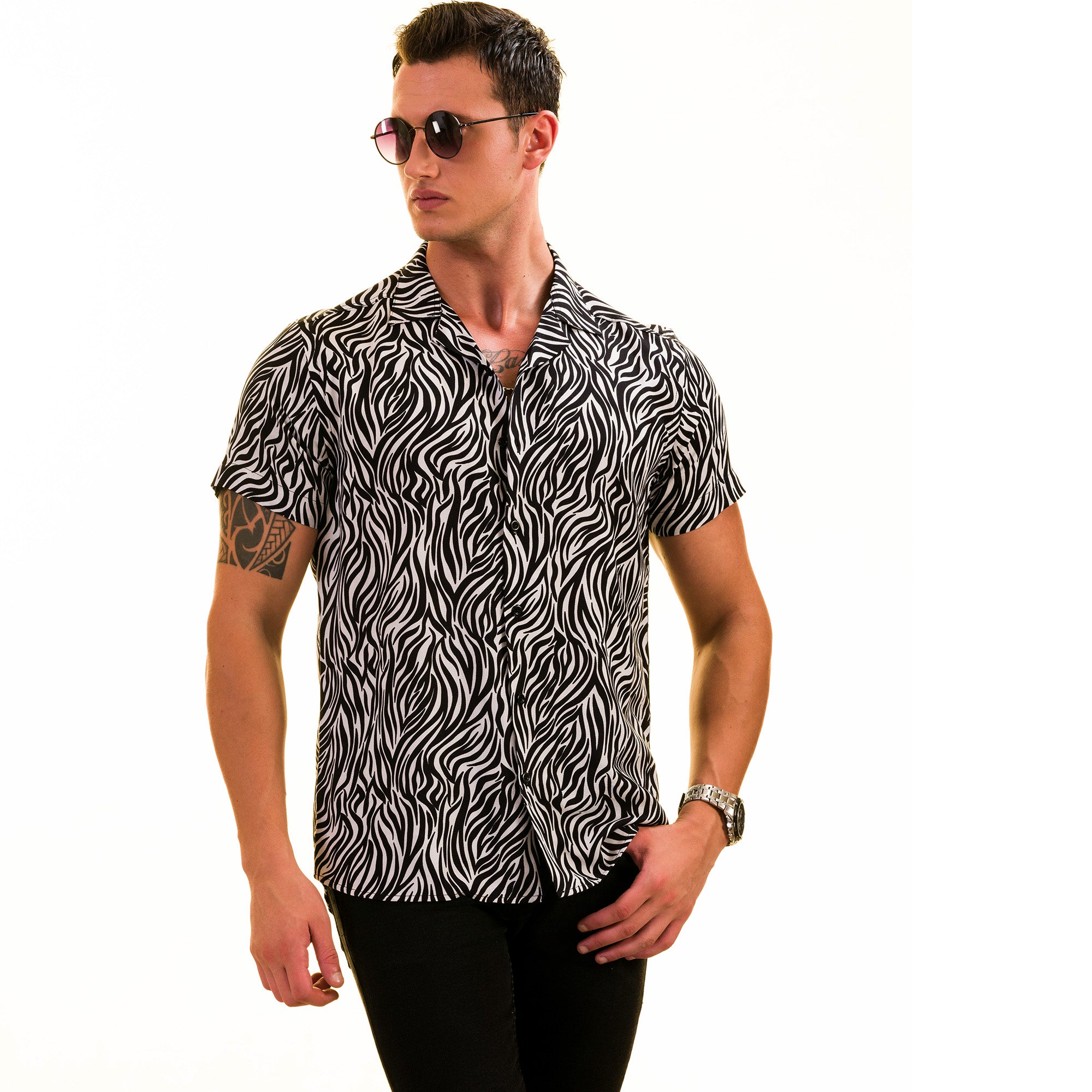 Black and White Zebra Hawaiian Summer Shirt made from luxury European cotton, featuring a stylish design and short sleeves.