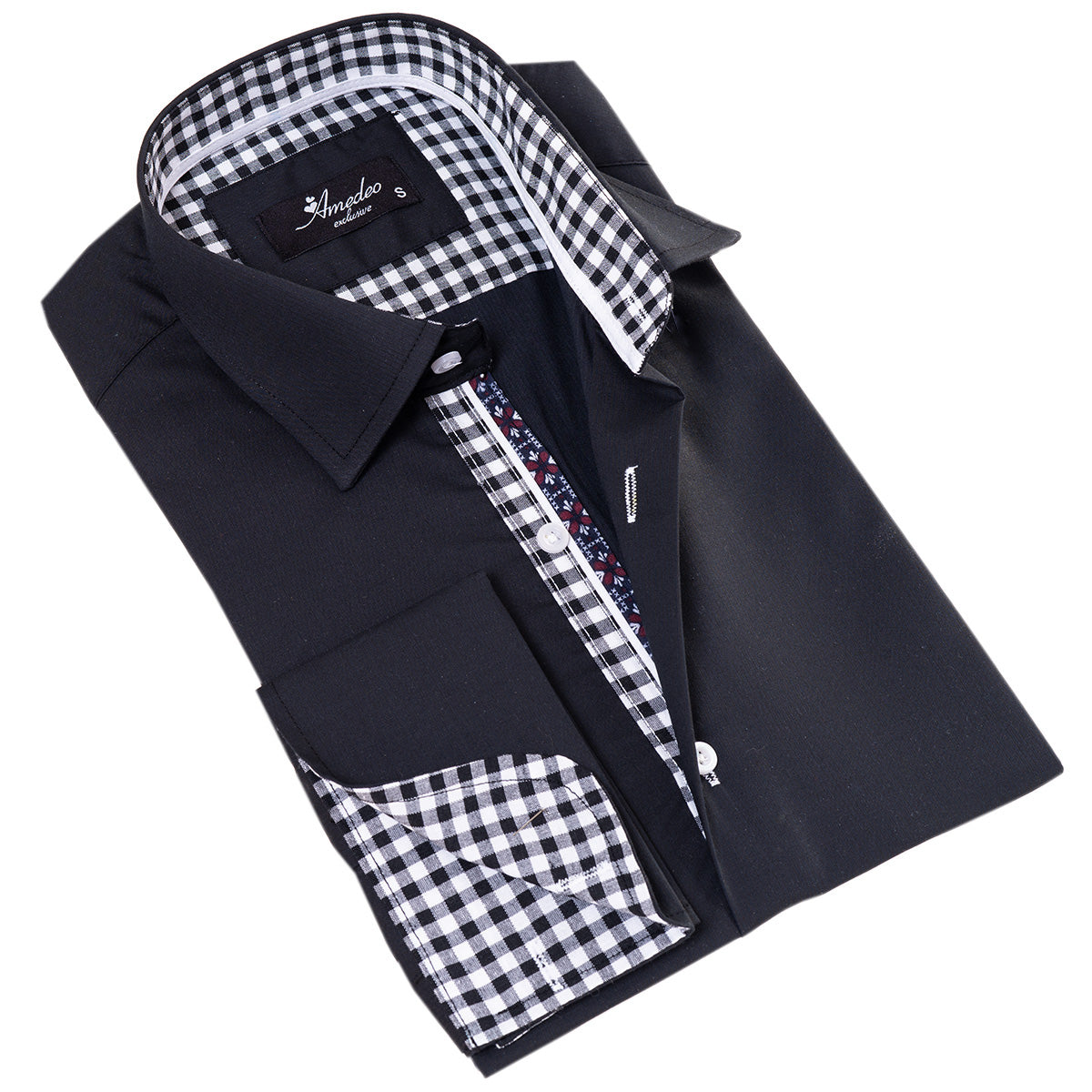 Black inside checkered mens slim fit designer french cuff shirt with spread collar and reversible cuffs, showcasing premium cotton fabric.