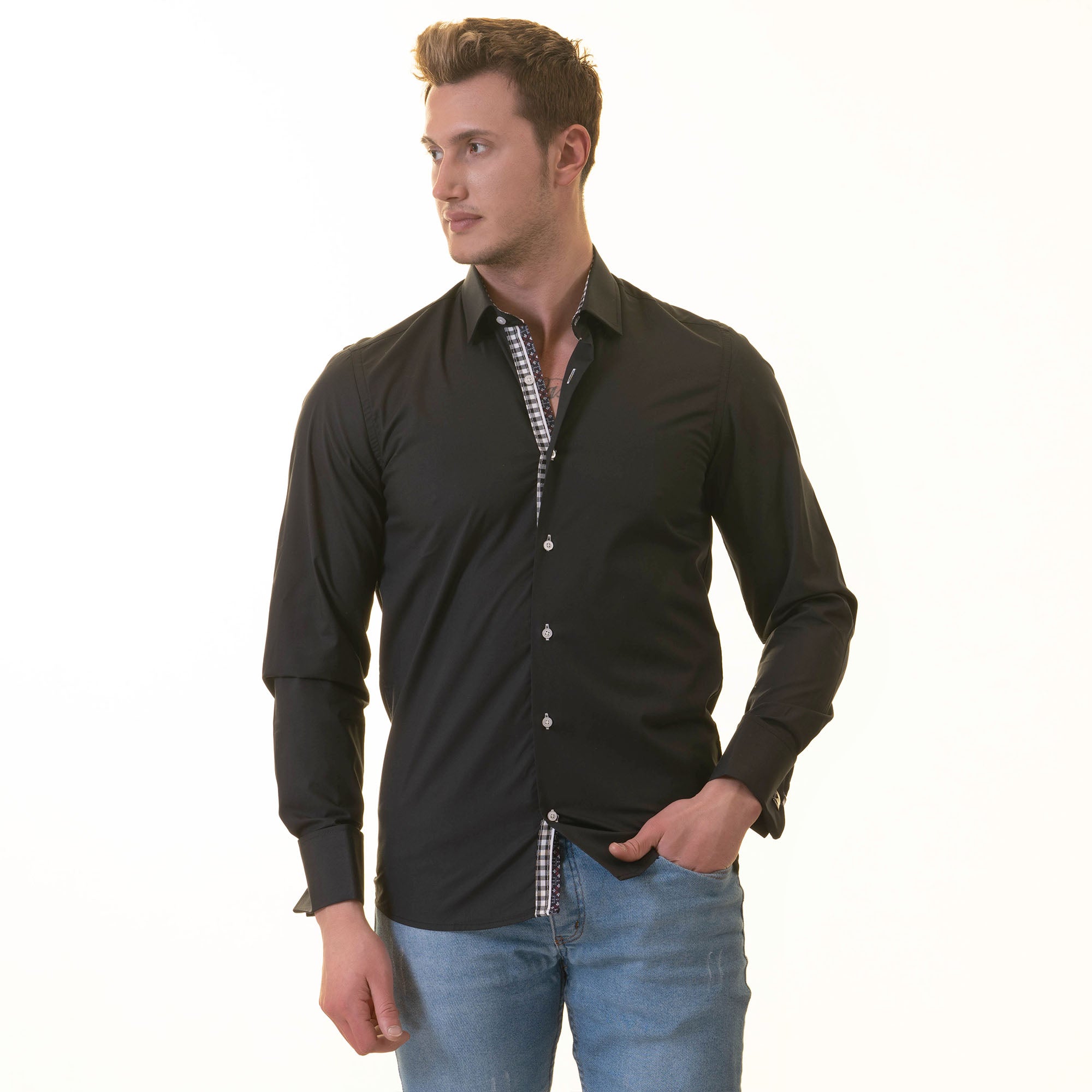 Black inside checkered mens slim fit designer french cuff shirt with spread collar and reversible cuffs, showcasing premium cotton fabric.