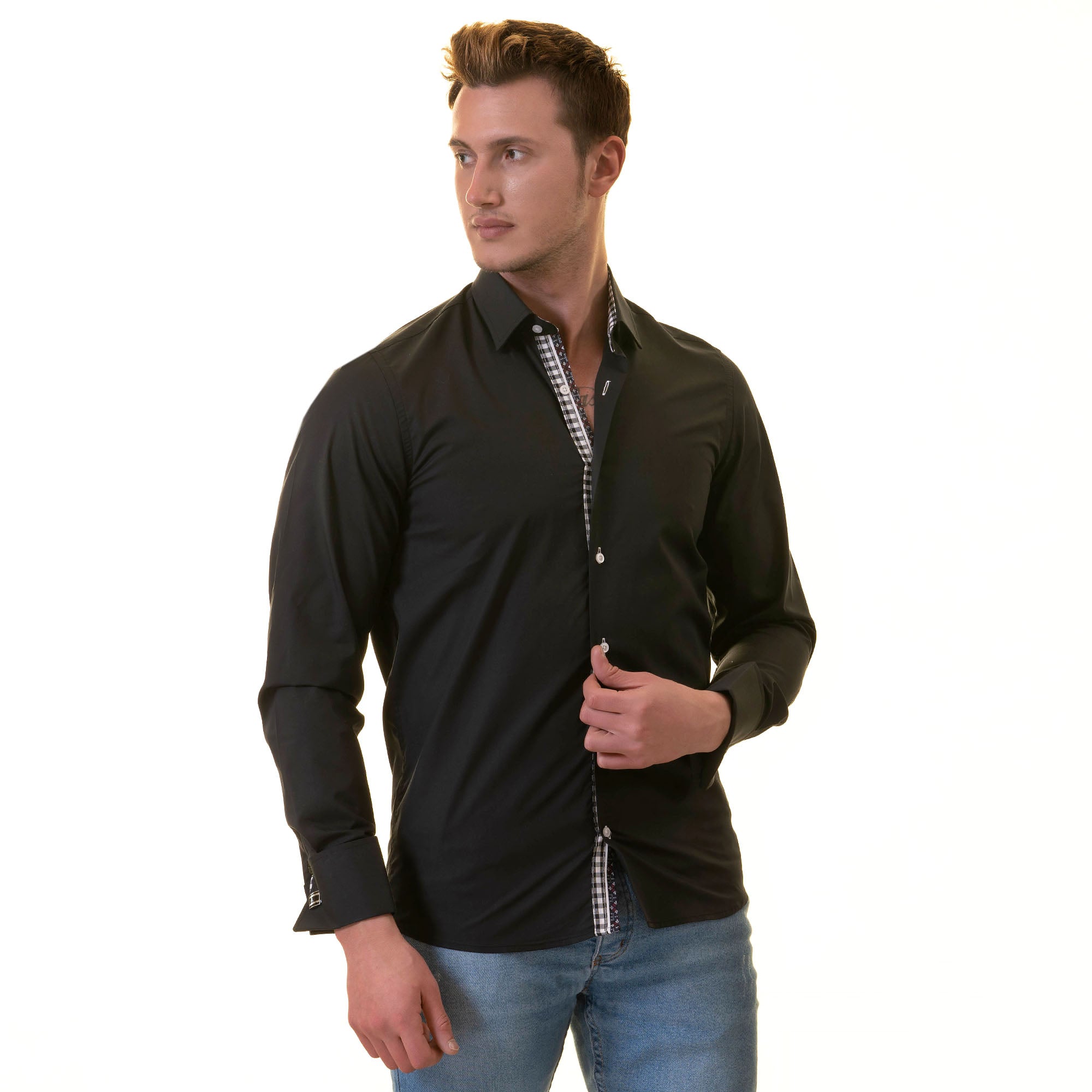 Black inside checkered mens slim fit designer french cuff shirt with spread collar and reversible cuffs, showcasing premium cotton fabric.