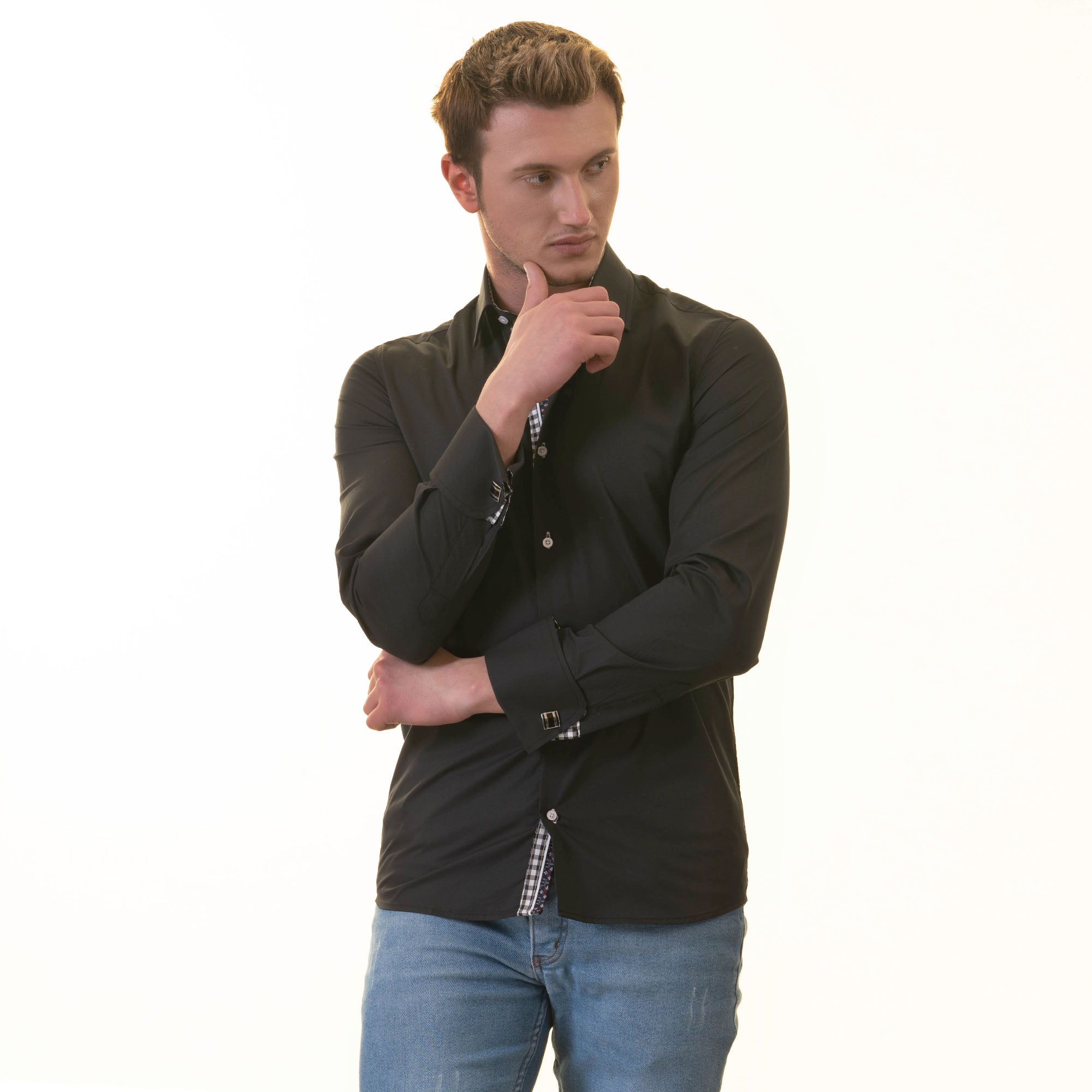 Black inside checkered mens slim fit designer french cuff shirt with spread collar and reversible cuffs, showcasing premium cotton fabric.