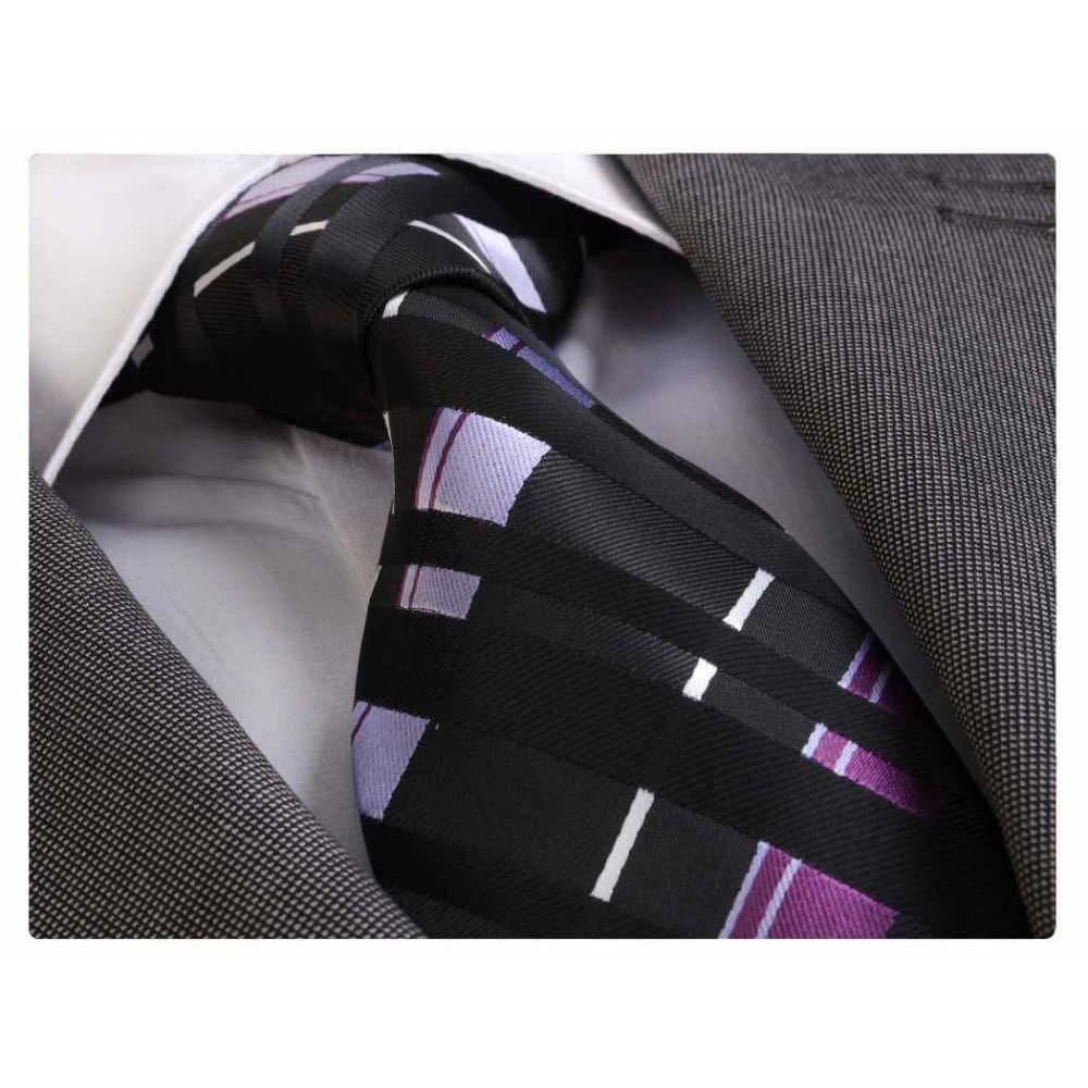 Black Purple White Mens Designer Silk Necktie displayed elegantly in a gift box, showcasing its luxurious fabric and stylish design.