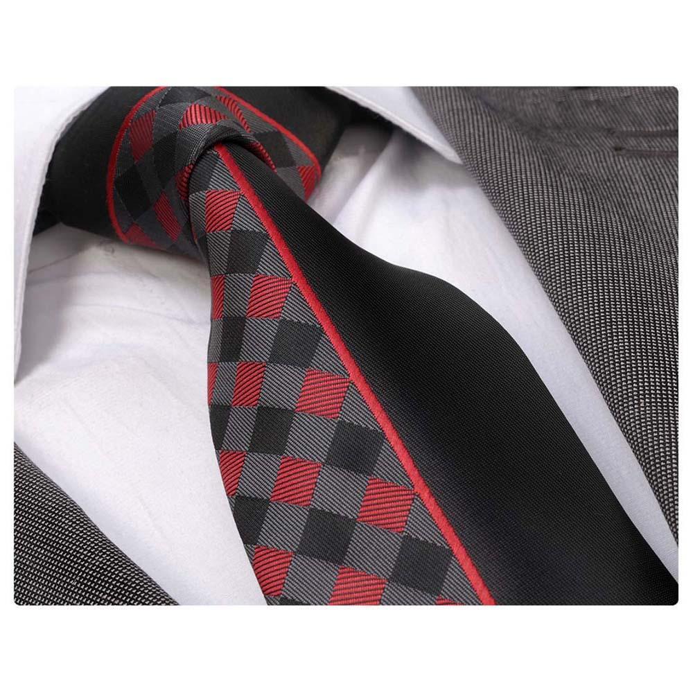 Black and red plaid designer silk necktie elegantly displayed in a gift box, showcasing its luxurious fabric and stylish design.