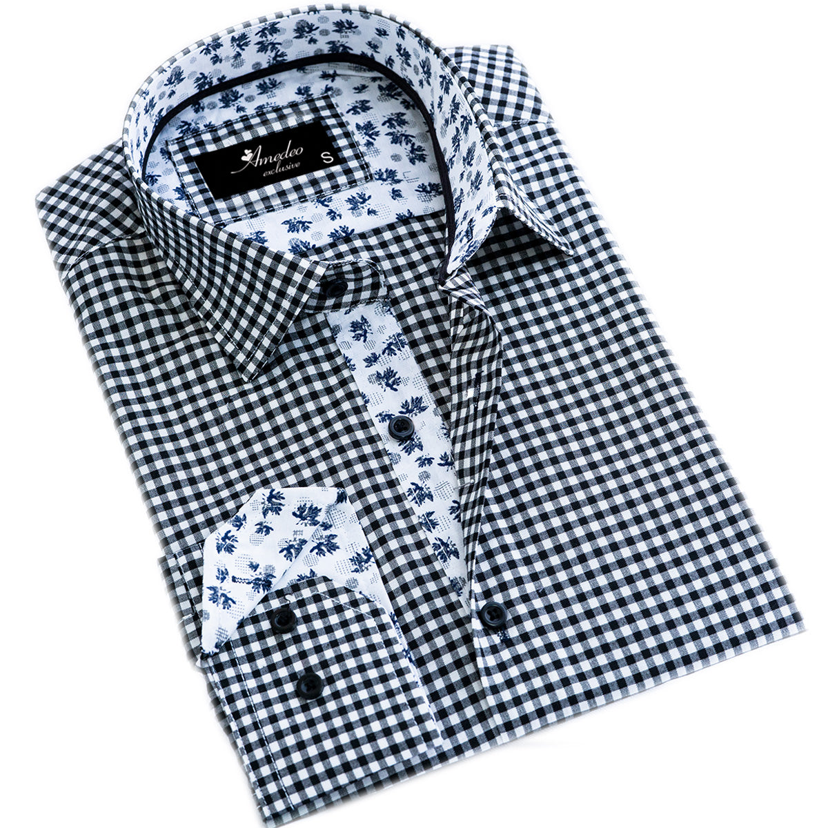 Black and white checkered men's slim fit dress shirt with light blue floral accents, showcasing a modern design and luxurious fabric.