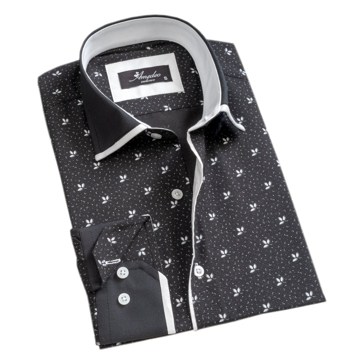 Black White Floral Mens Slim Fit Designer French Cuff Shirt showcasing elegant design and luxurious fabric.