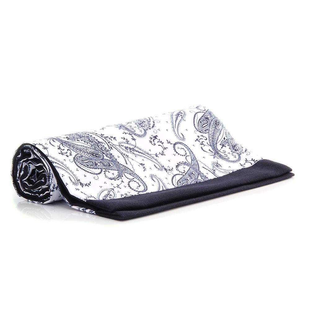 Black White Paisley Mens Silk Scarf displayed elegantly, showcasing its luxurious silk and suede material with intricate paisley design.