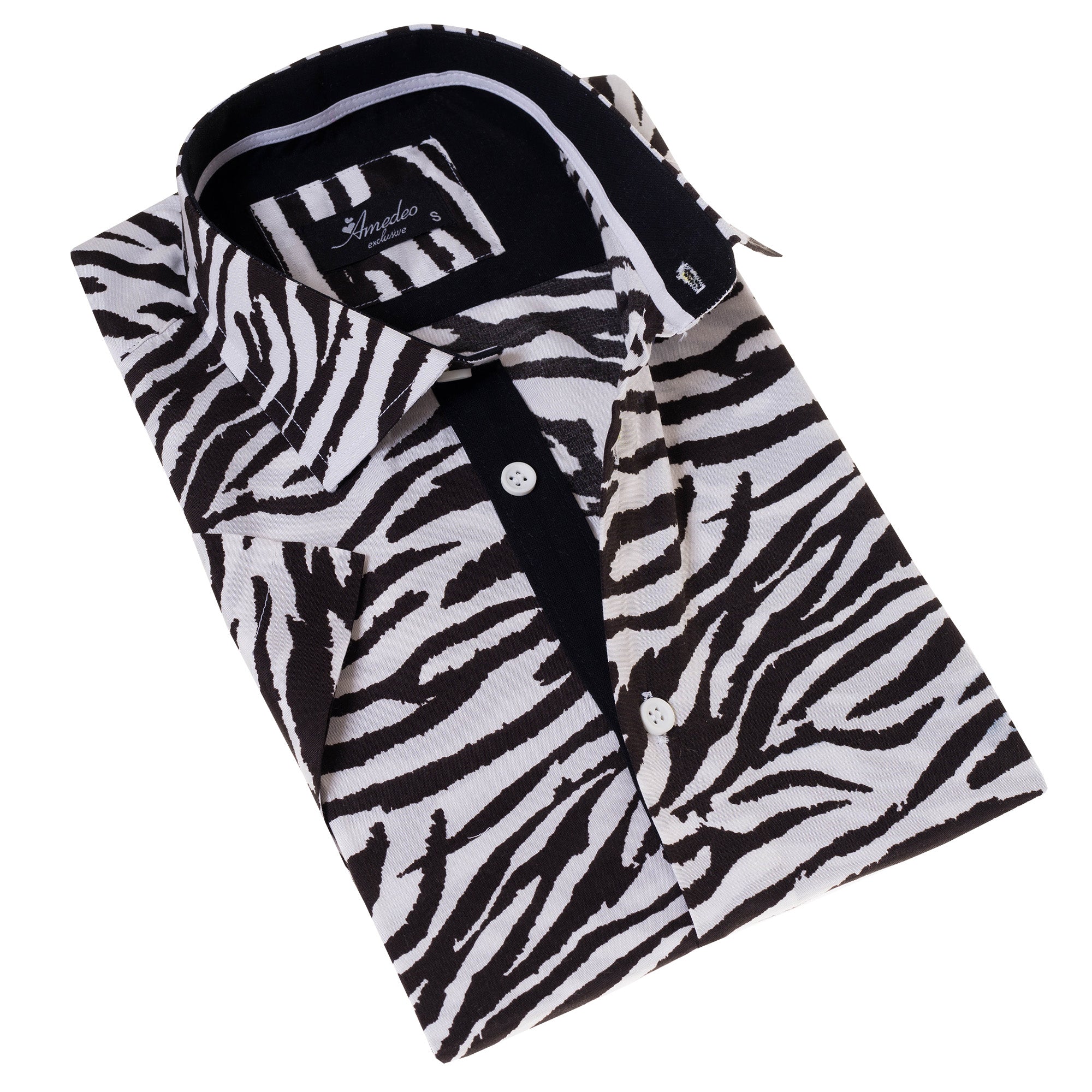 Black & White Zebra Shirt featuring a stylish short sleeve button-up design made from luxury European cotton.