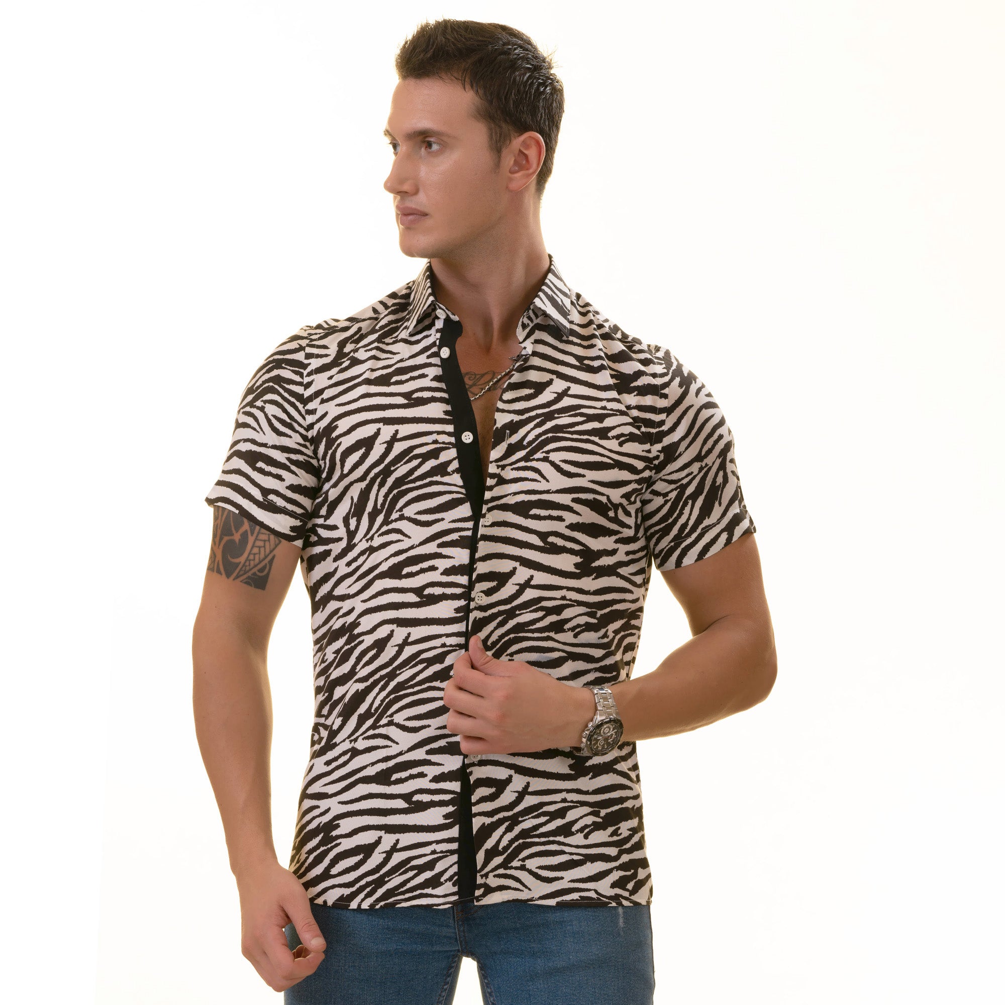 Black & White Zebra Shirt featuring a stylish short sleeve button-up design made from luxury European cotton.