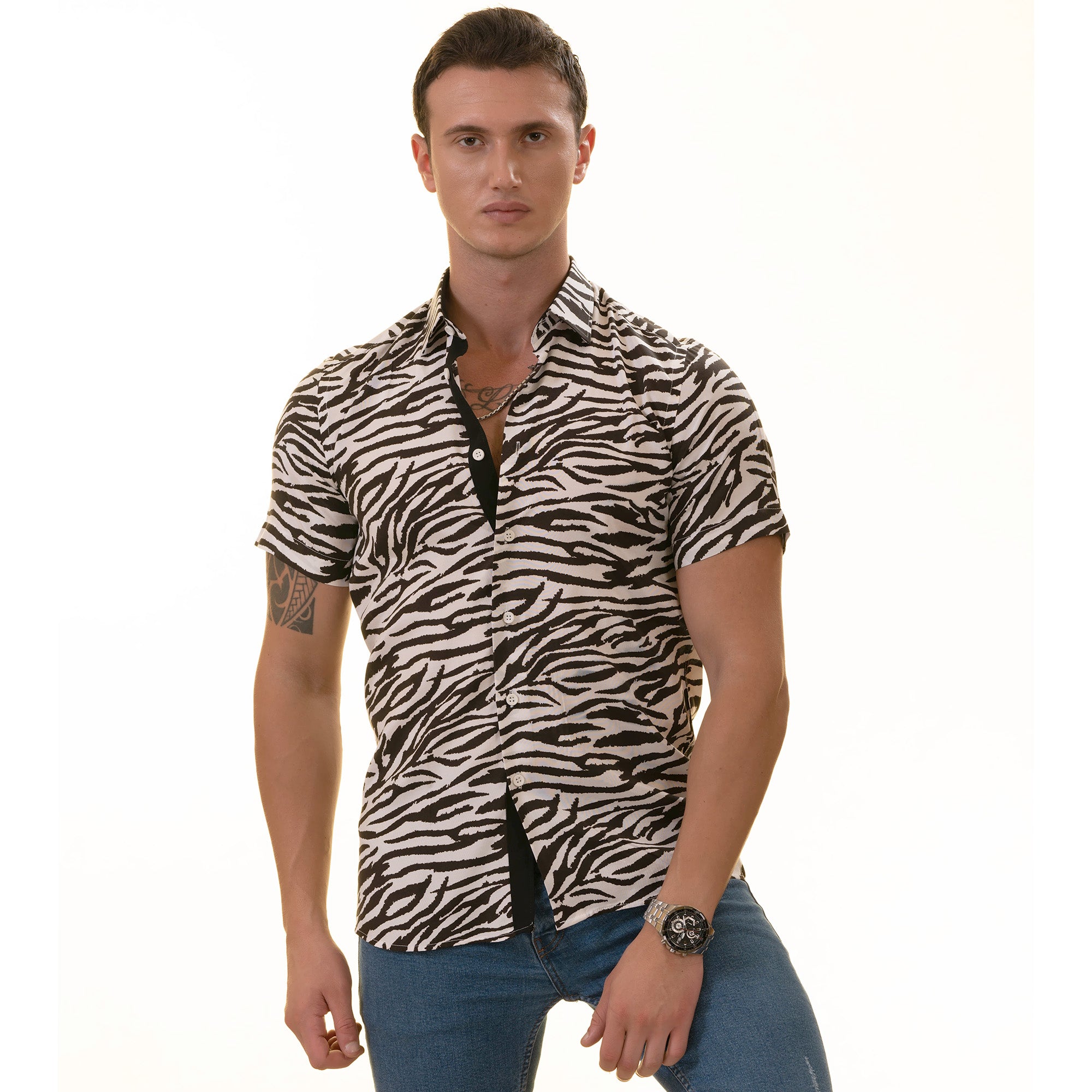Black & White Zebra Shirt featuring a stylish short sleeve button-up design made from luxury European cotton.