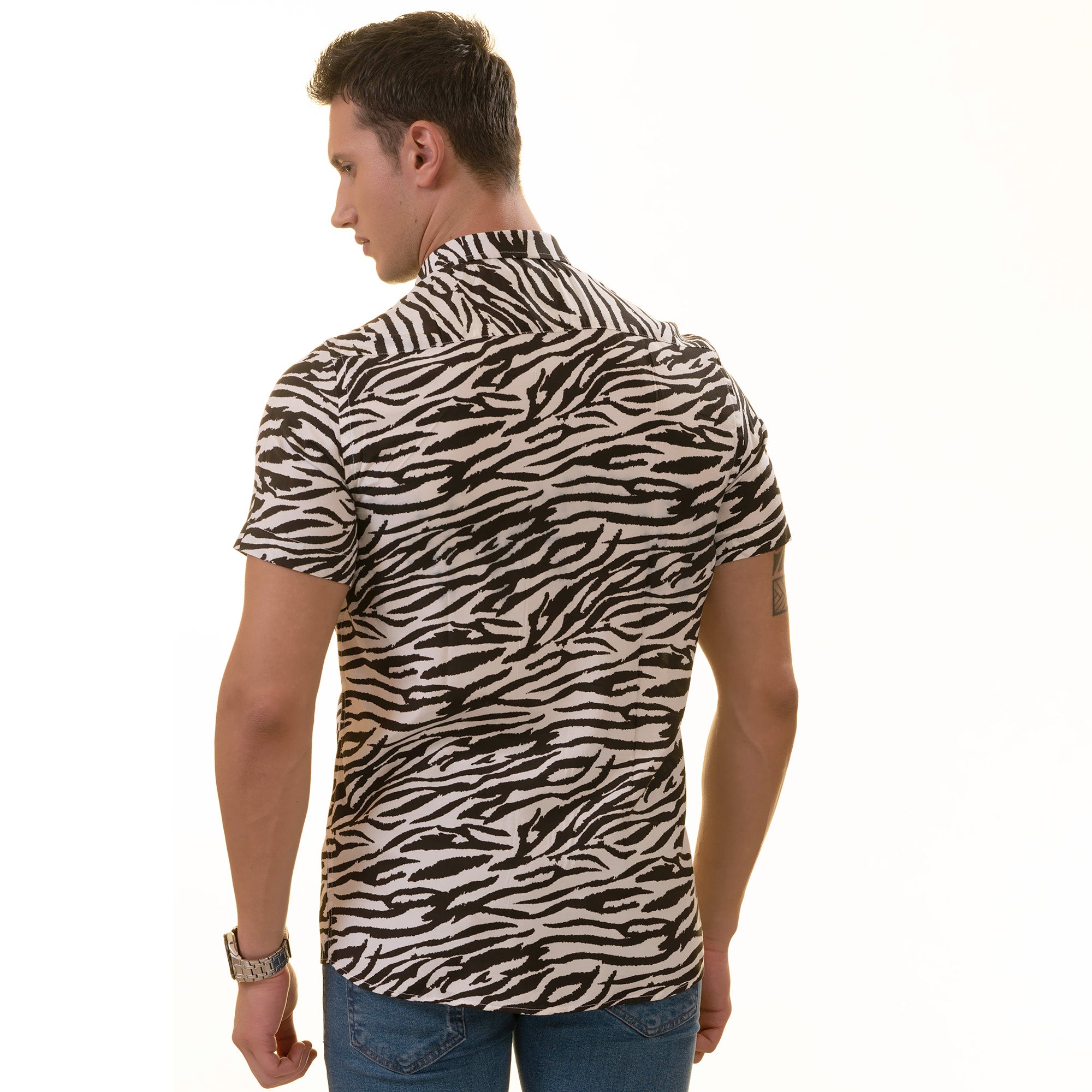 Black & White Zebra Shirt featuring a stylish short sleeve button-up design made from luxury European cotton.