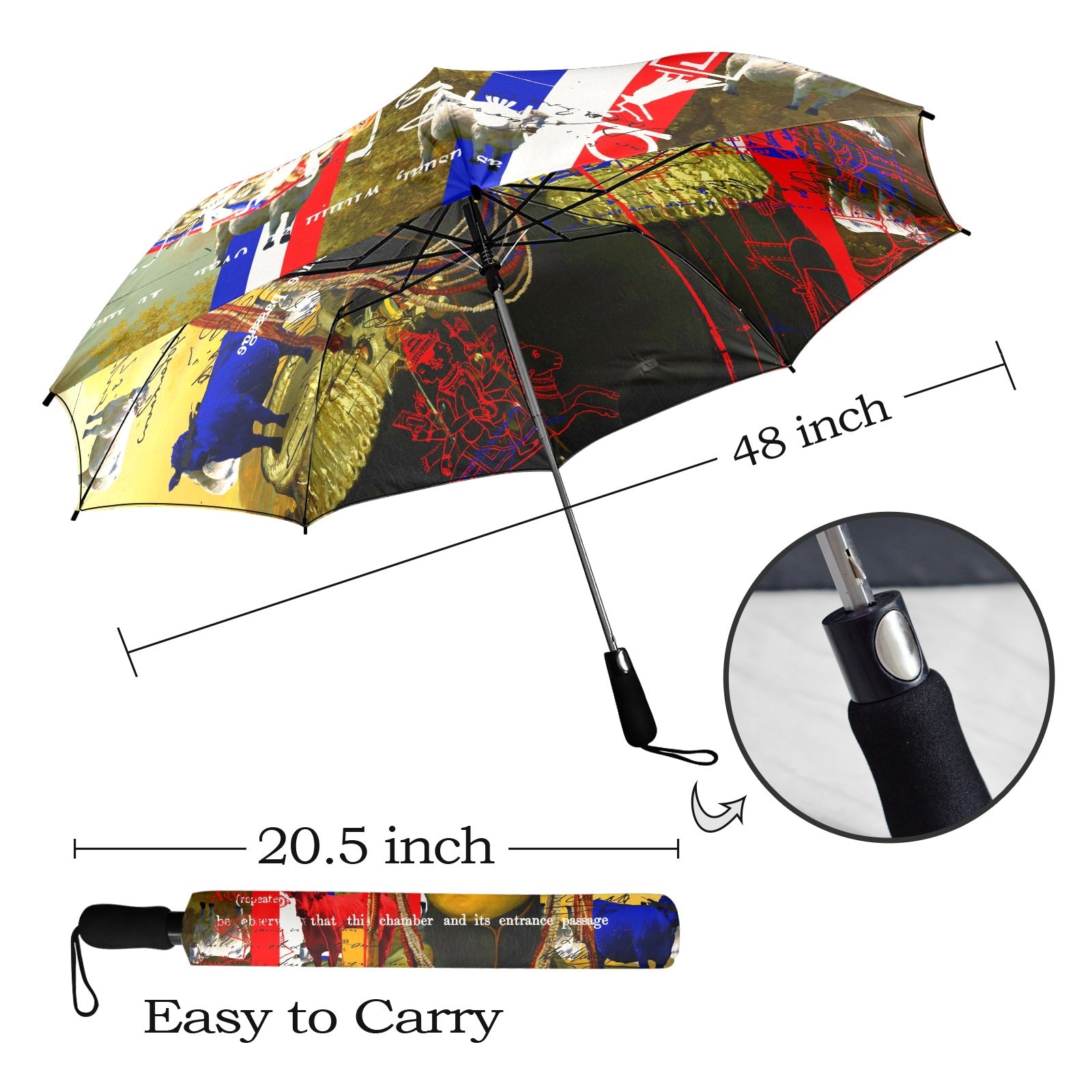 A vibrant BLEU BLANC ROUGE semi-automatic foldable umbrella showcasing its colorful design and sturdy construction.
